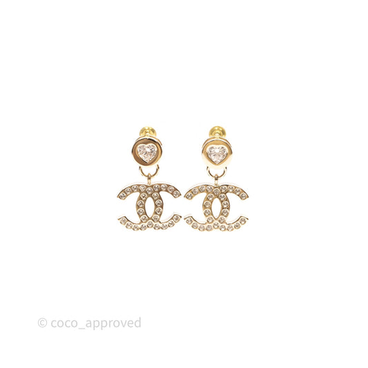 Chanel CC Heart Crystal Drop Earrings Gold Tone 24B