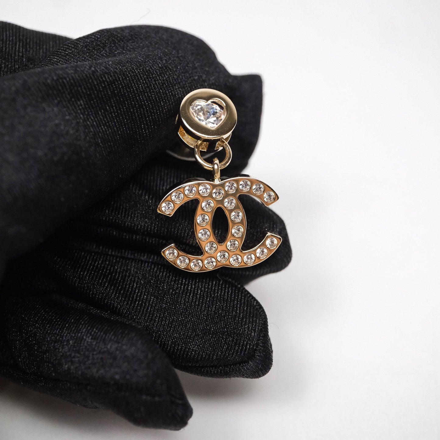 Chanel CC Heart Crystal Drop Earrings Gold Tone 24B