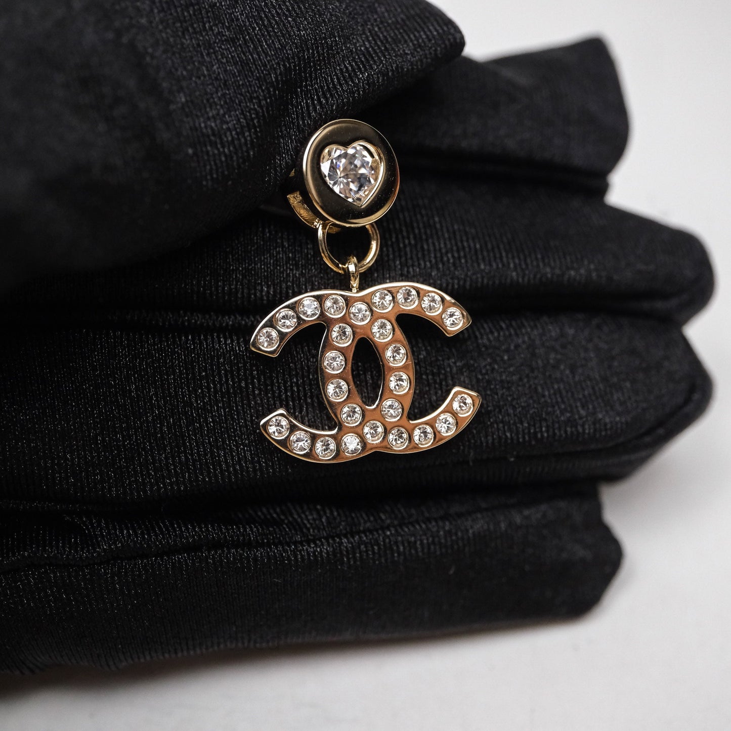 Chanel CC Heart Crystal Drop Earrings Gold Tone 24B