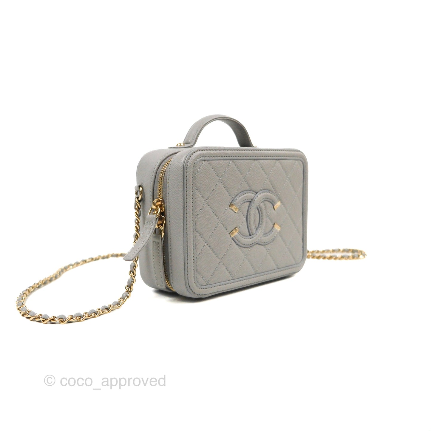 Chanel Quilted Small CC Filigree Vanity Case Grey Caviar Gold Hardware