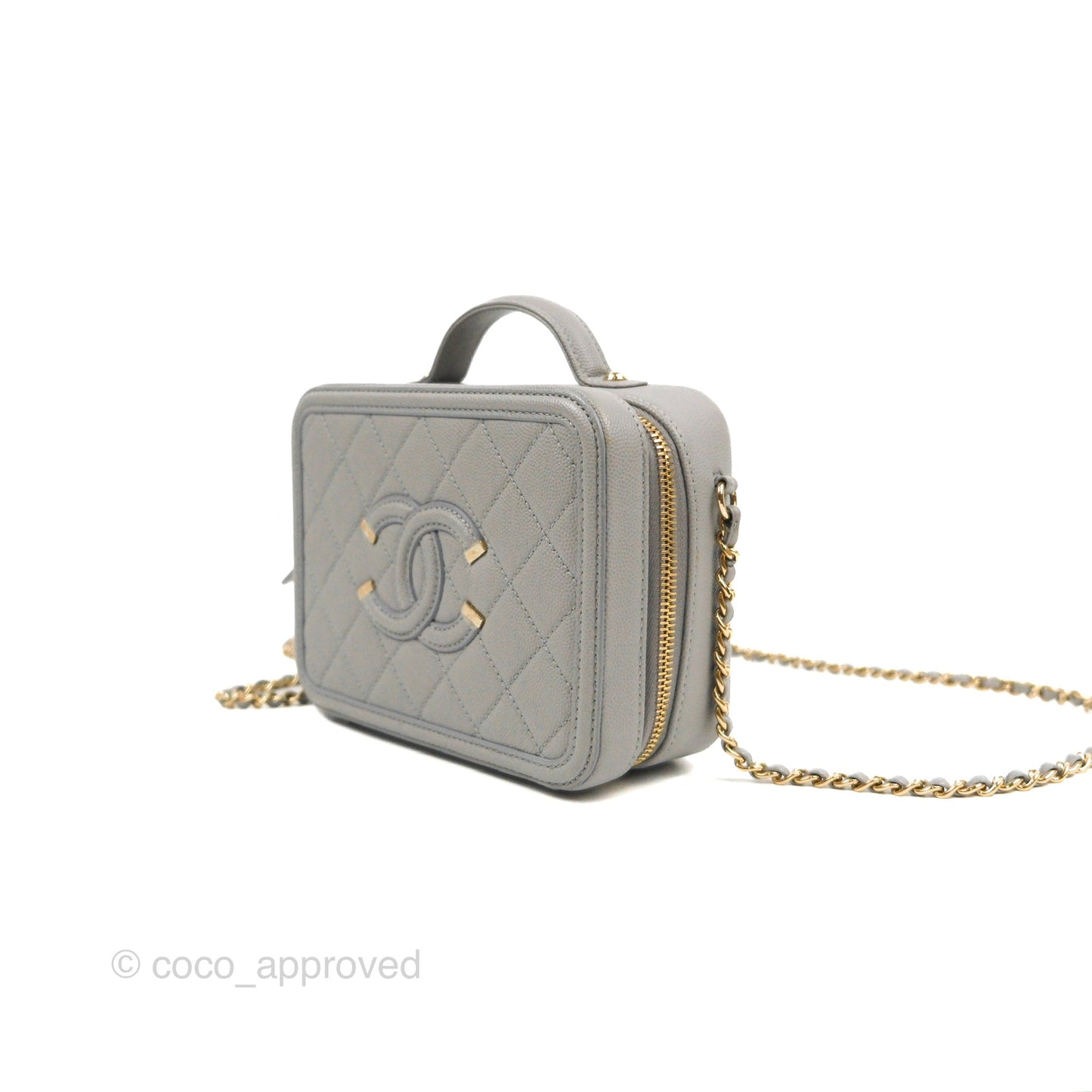 Chanel Quilted Small CC Filigree Vanity Case Grey Caviar Gold Hardware