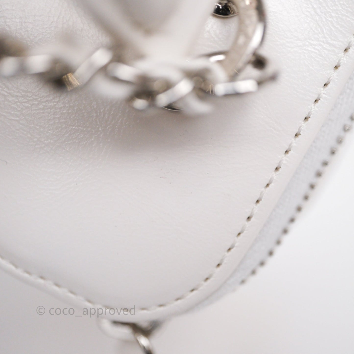 Chanel Small Top Handle Vanity Case White Beige Calfskin Raffia Silver Hardware