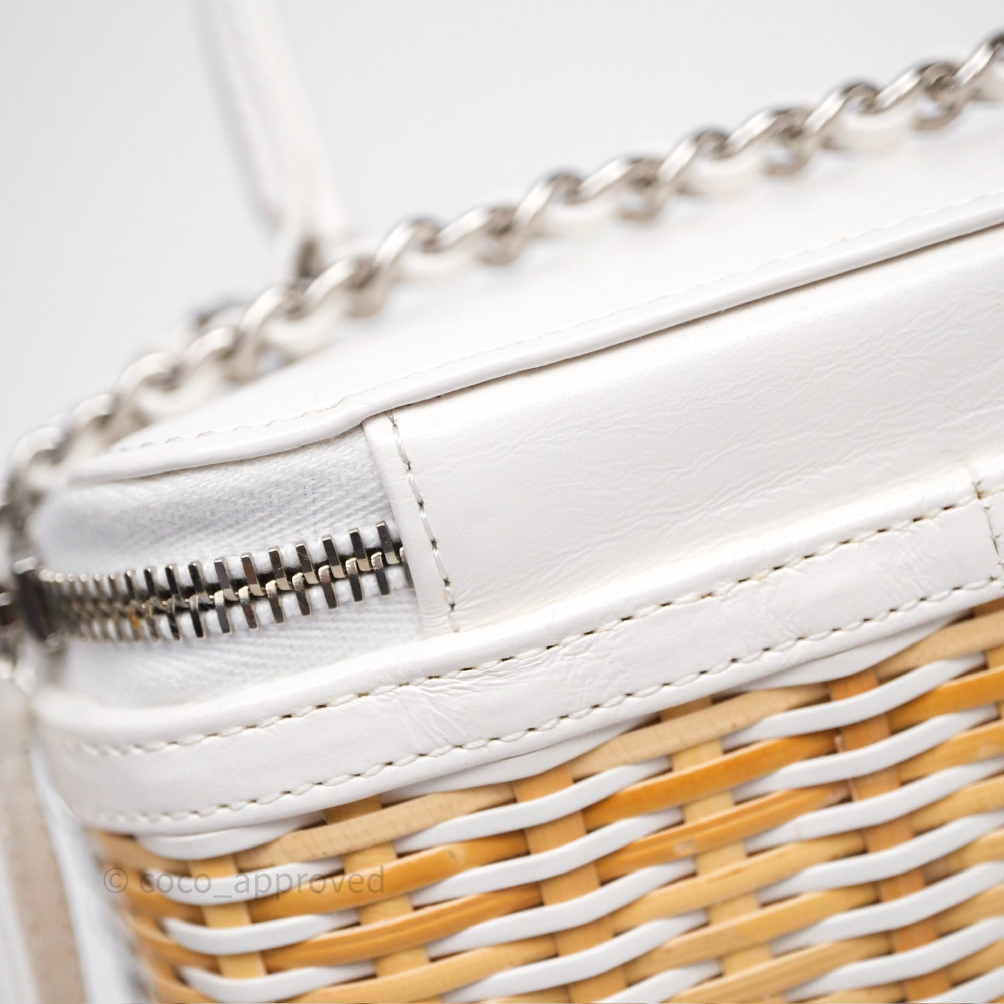 Chanel Small Top Handle Vanity Case White Beige Calfskin Raffia Silver Hardware