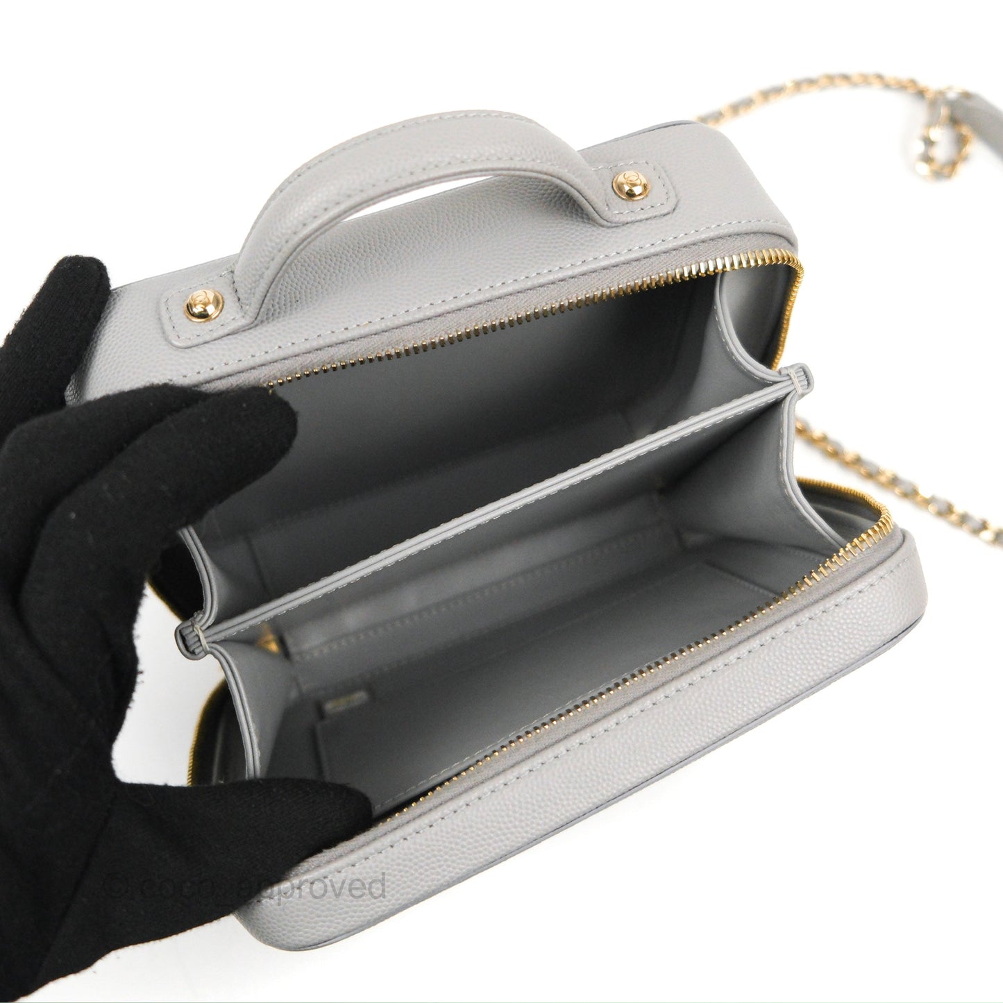 Chanel Quilted Small CC Filigree Vanity Case Grey Caviar Gold Hardware