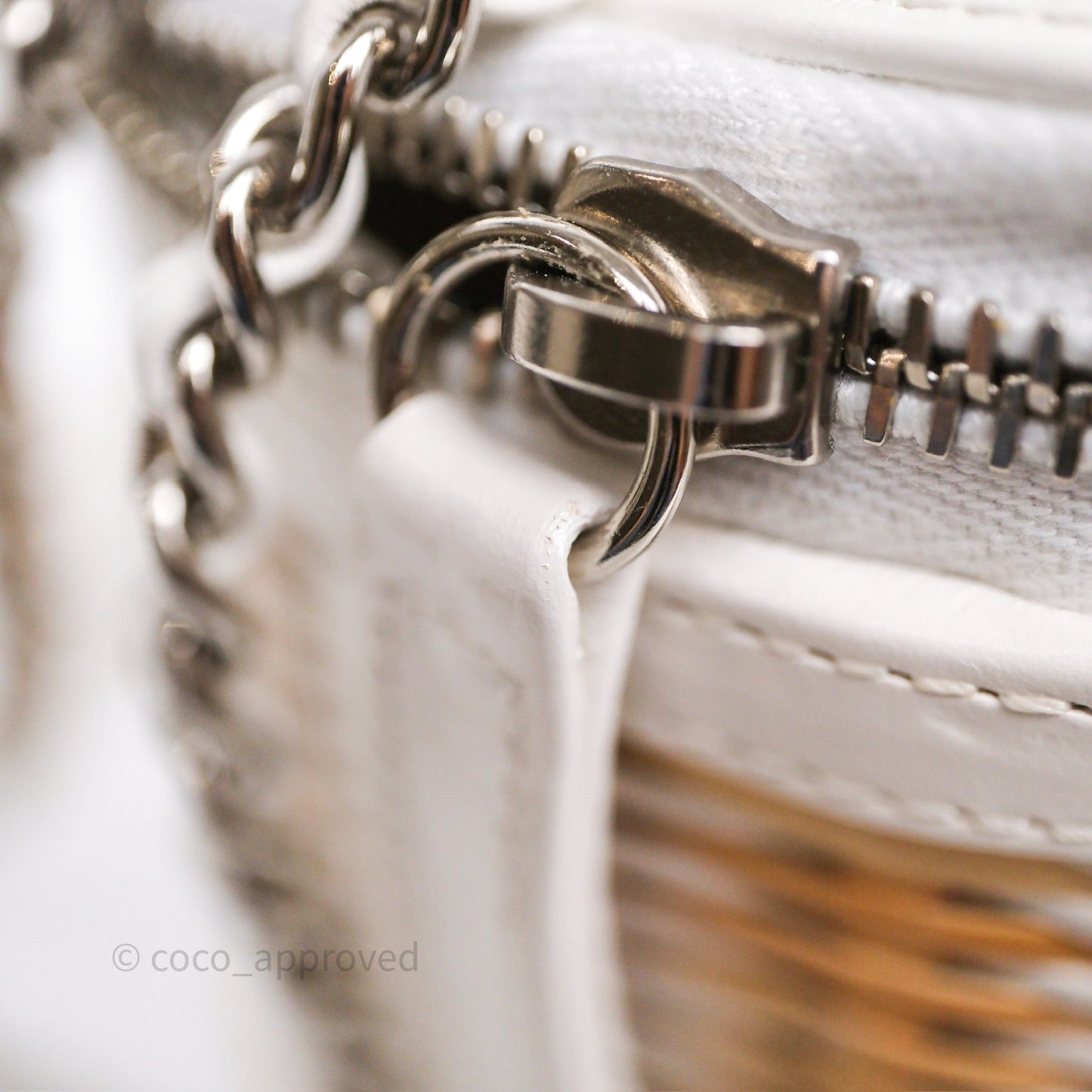 Chanel Small Top Handle Vanity Case White Beige Calfskin Raffia Silver Hardware
