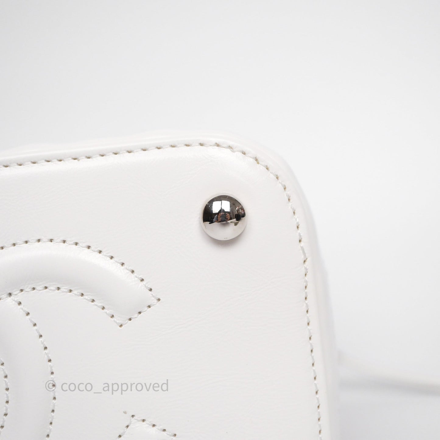 Chanel Small Top Handle Vanity Case White Beige Calfskin Raffia Silver Hardware