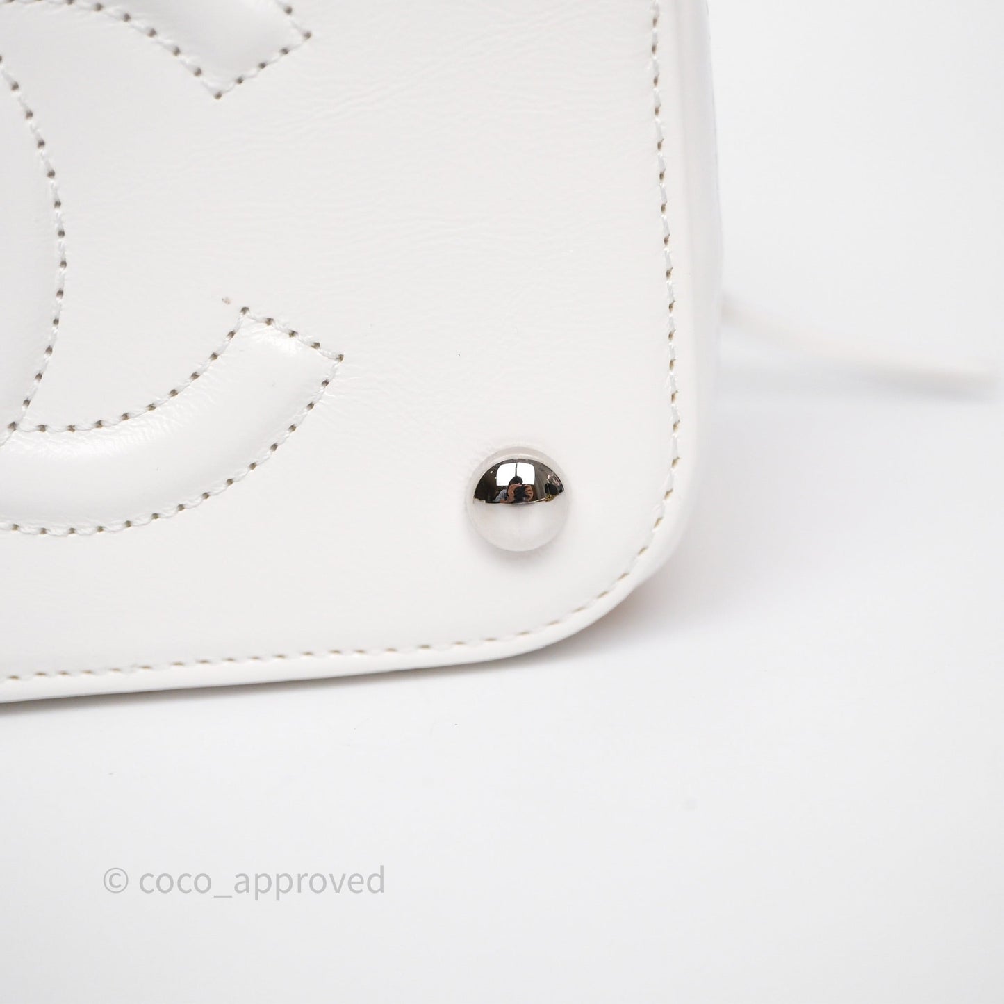 Chanel Small Top Handle Vanity Case White Beige Calfskin Raffia Silver Hardware