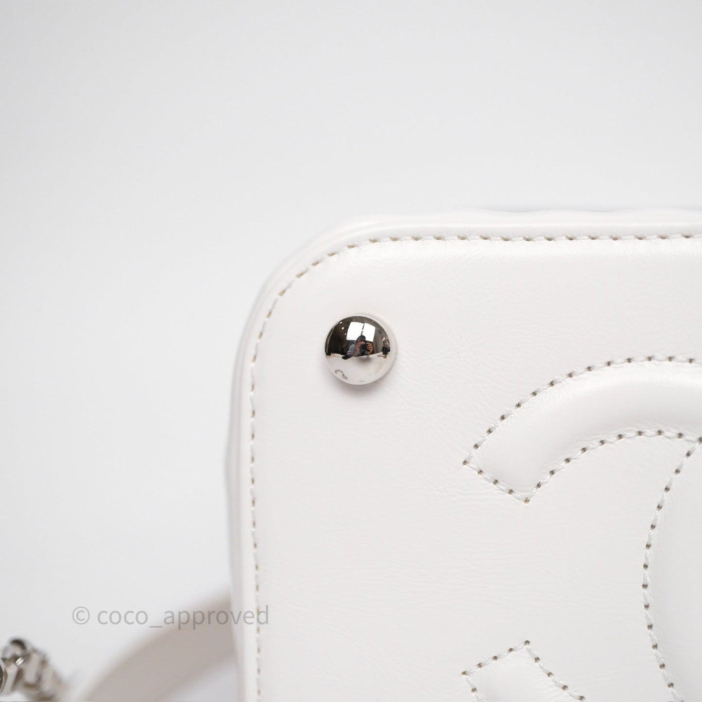 Chanel Small Top Handle Vanity Case White Beige Calfskin Raffia Silver Hardware