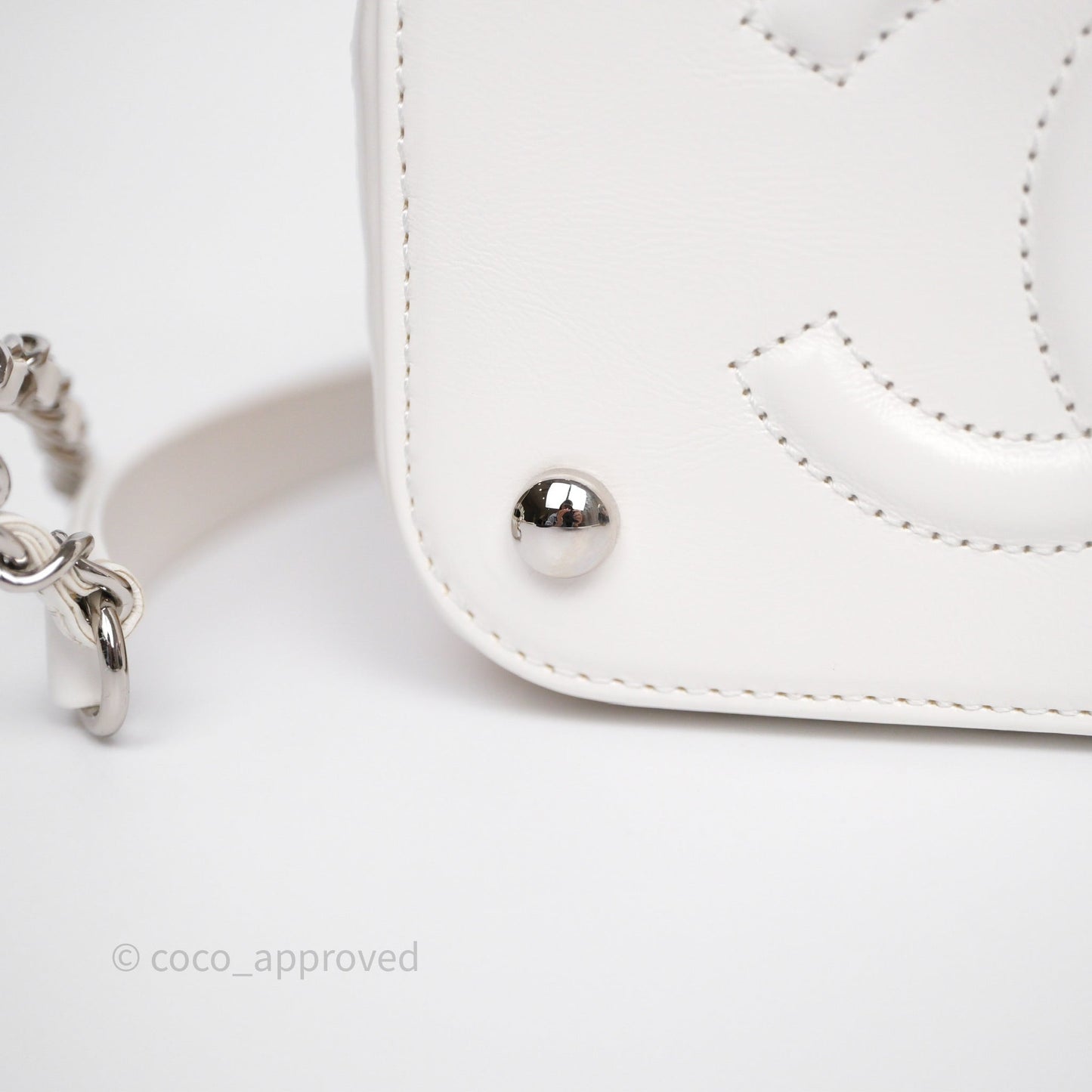Chanel Small Top Handle Vanity Case White Beige Calfskin Raffia Silver Hardware