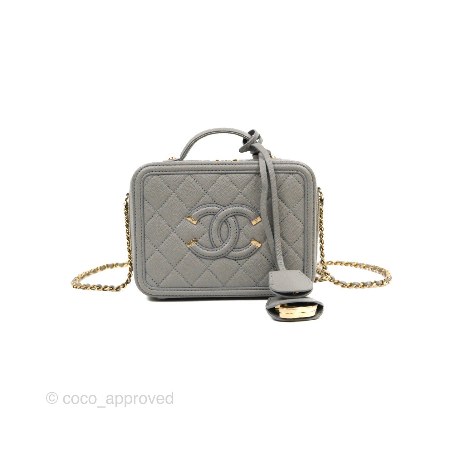 Chanel Quilted Small CC Filigree Vanity Case Grey Caviar Gold Hardware