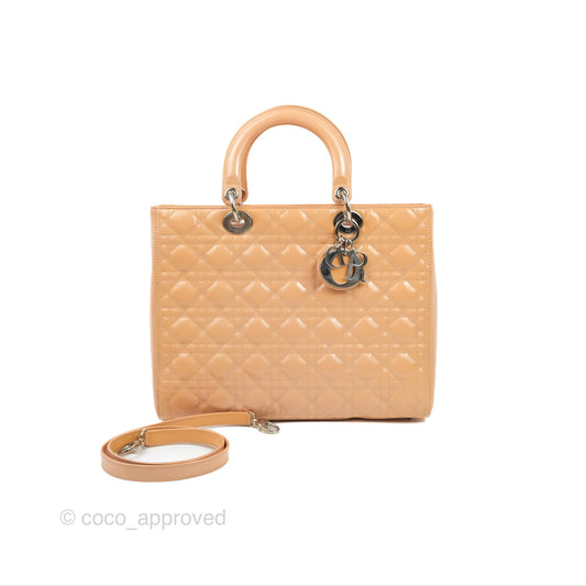 Christian Dior Large Lady Dior Cannage Orange Beige Patent Silver Hardware