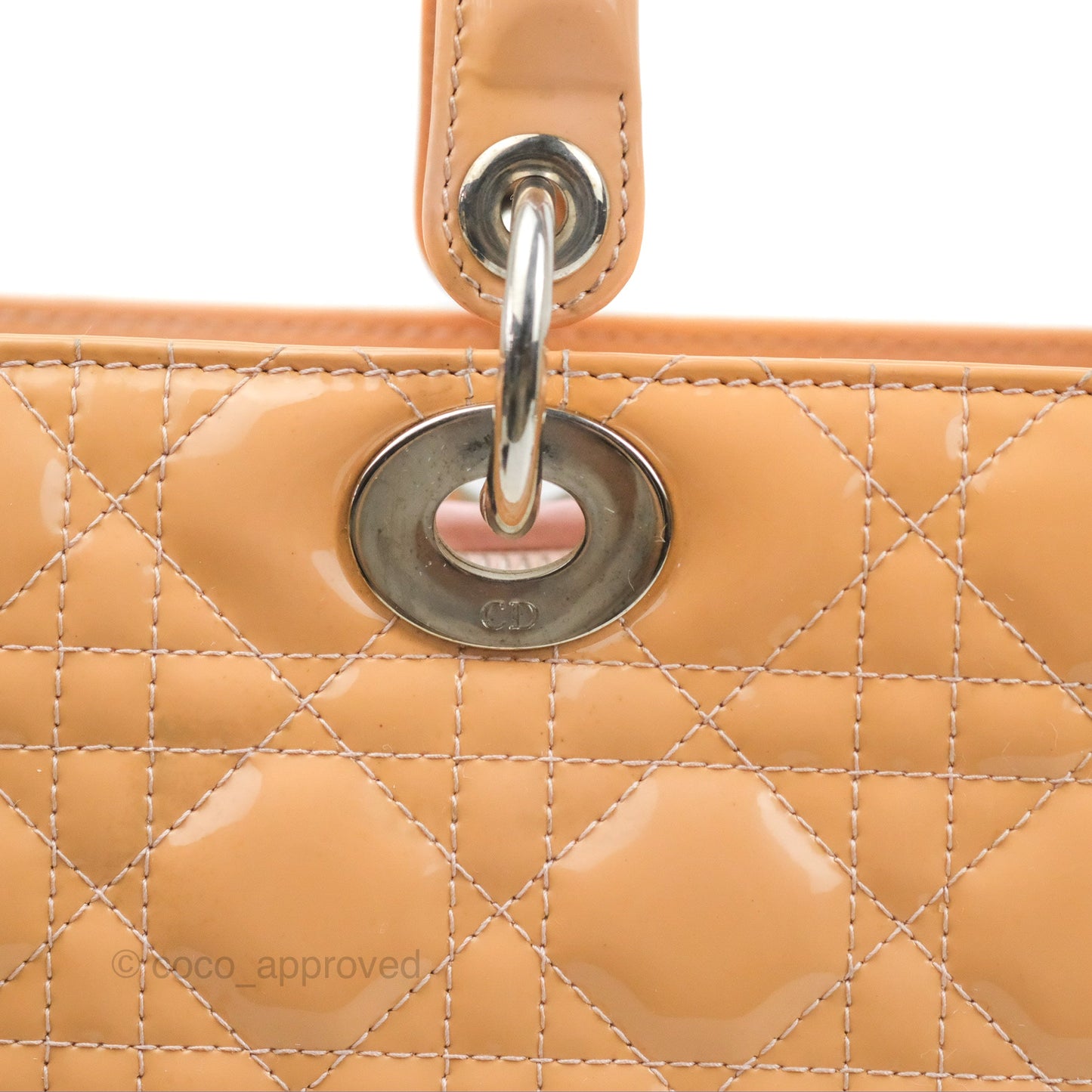 Christian Dior Large Lady Dior Cannage Orange Beige Patent Silver Hardware