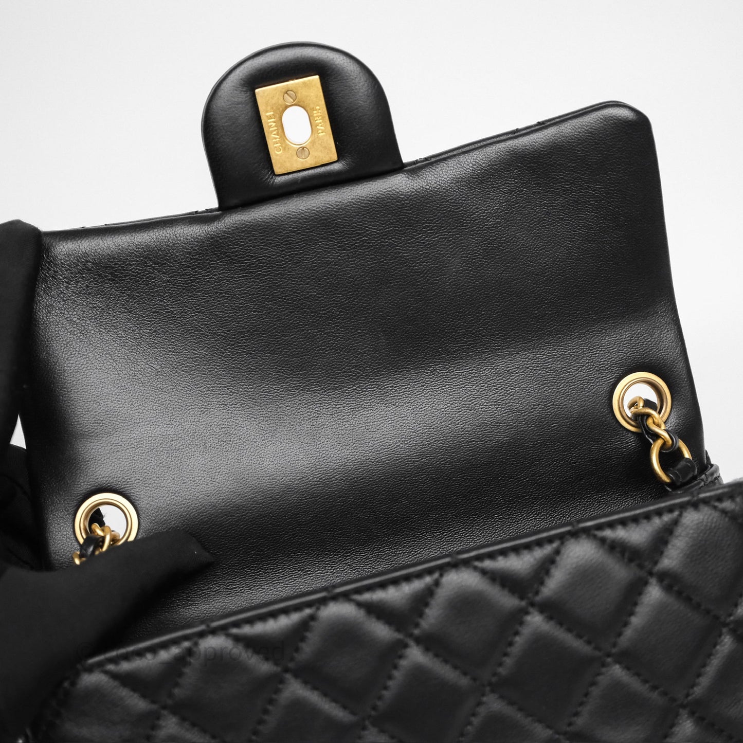 Chanel Mini Rectangular Pearl Crush Quilted Black Lambskin Aged Gold Hardware