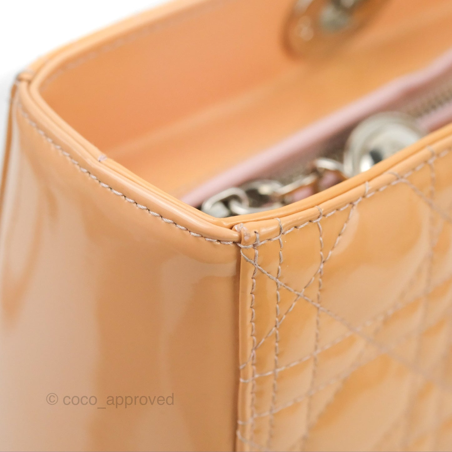 Christian Dior Large Lady Dior Cannage Orange Beige Patent Silver Hardware