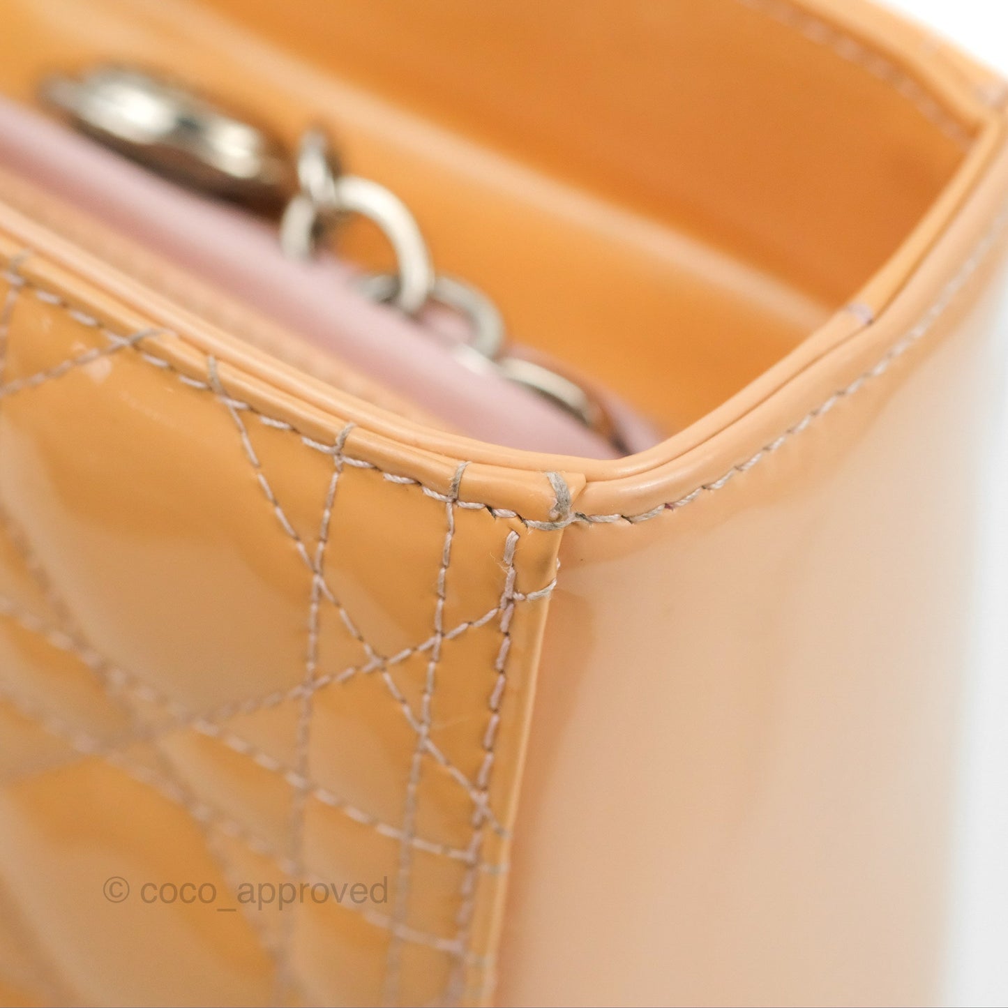 Christian Dior Large Lady Dior Cannage Orange Beige Patent Silver Hardware