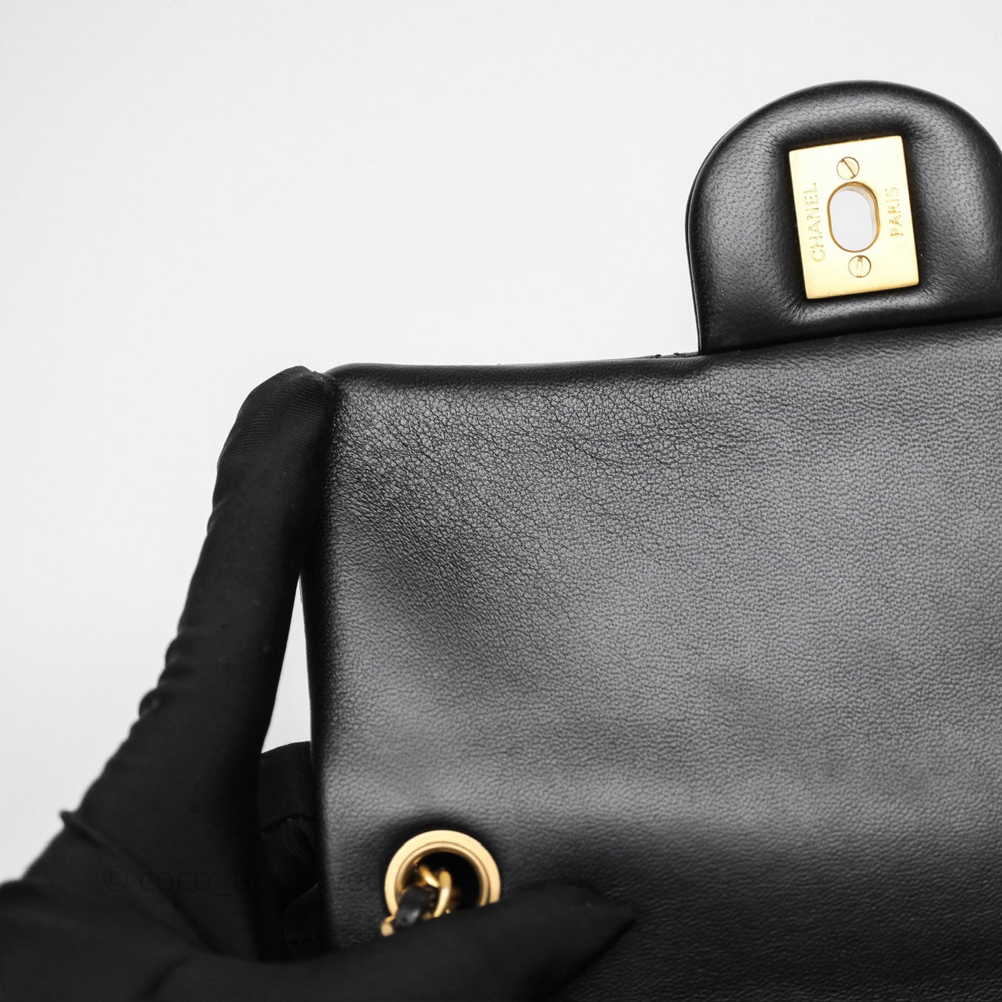 Chanel Mini Rectangular Pearl Crush Quilted Black Lambskin Aged Gold Hardware