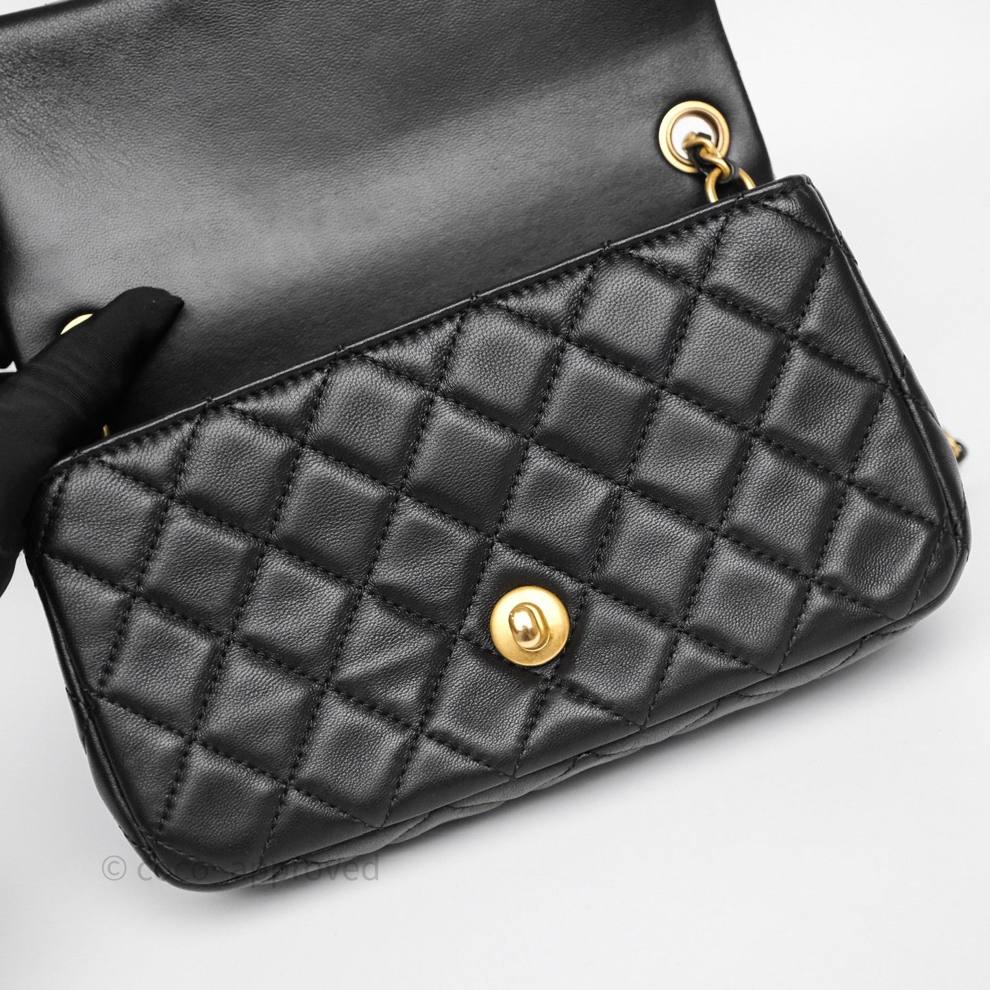 Chanel Mini Rectangular Pearl Crush Quilted Black Lambskin Aged Gold Hardware