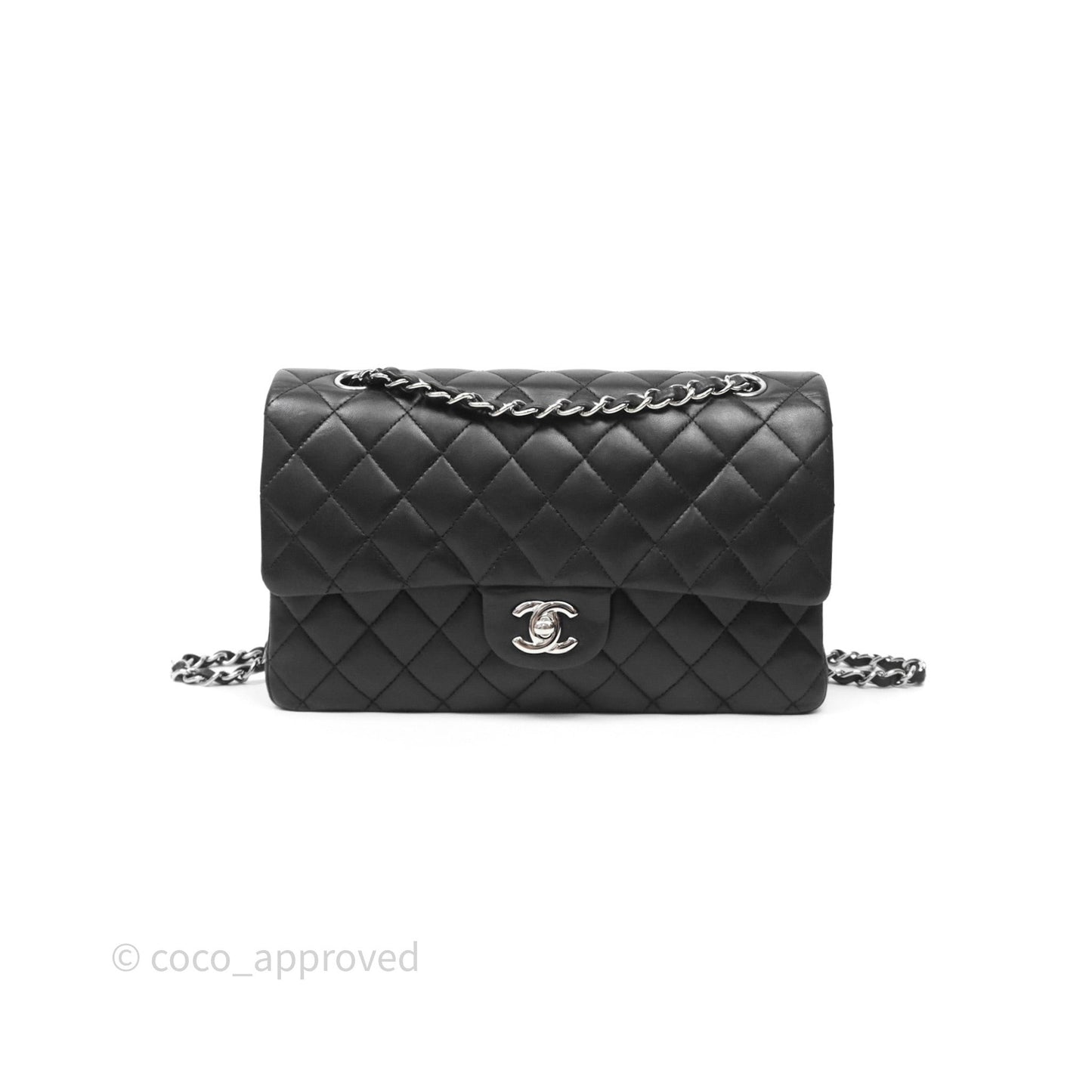 Chanel Classic M/L Medium Flap Quilted Black Lambskin Silver Hardware