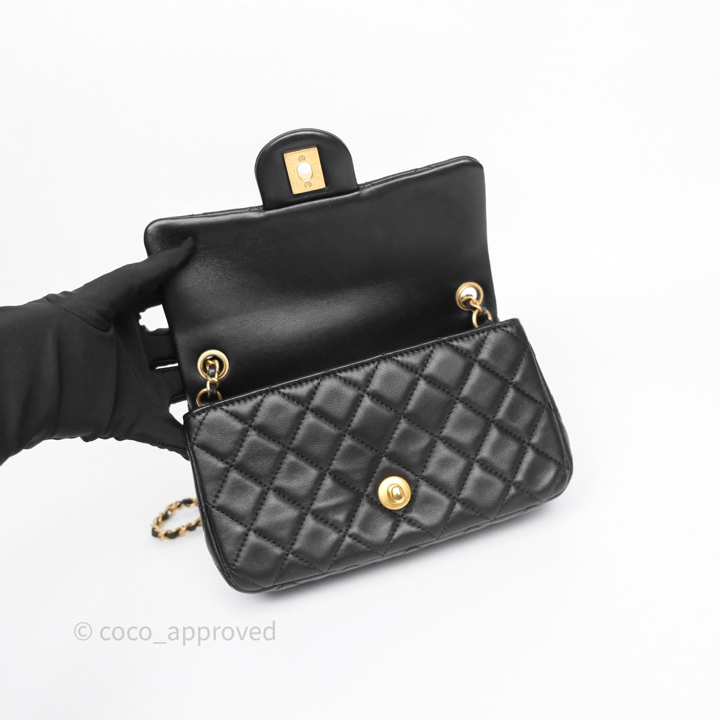 Chanel Mini Rectangular Pearl Crush Quilted Black Lambskin Aged Gold Hardware