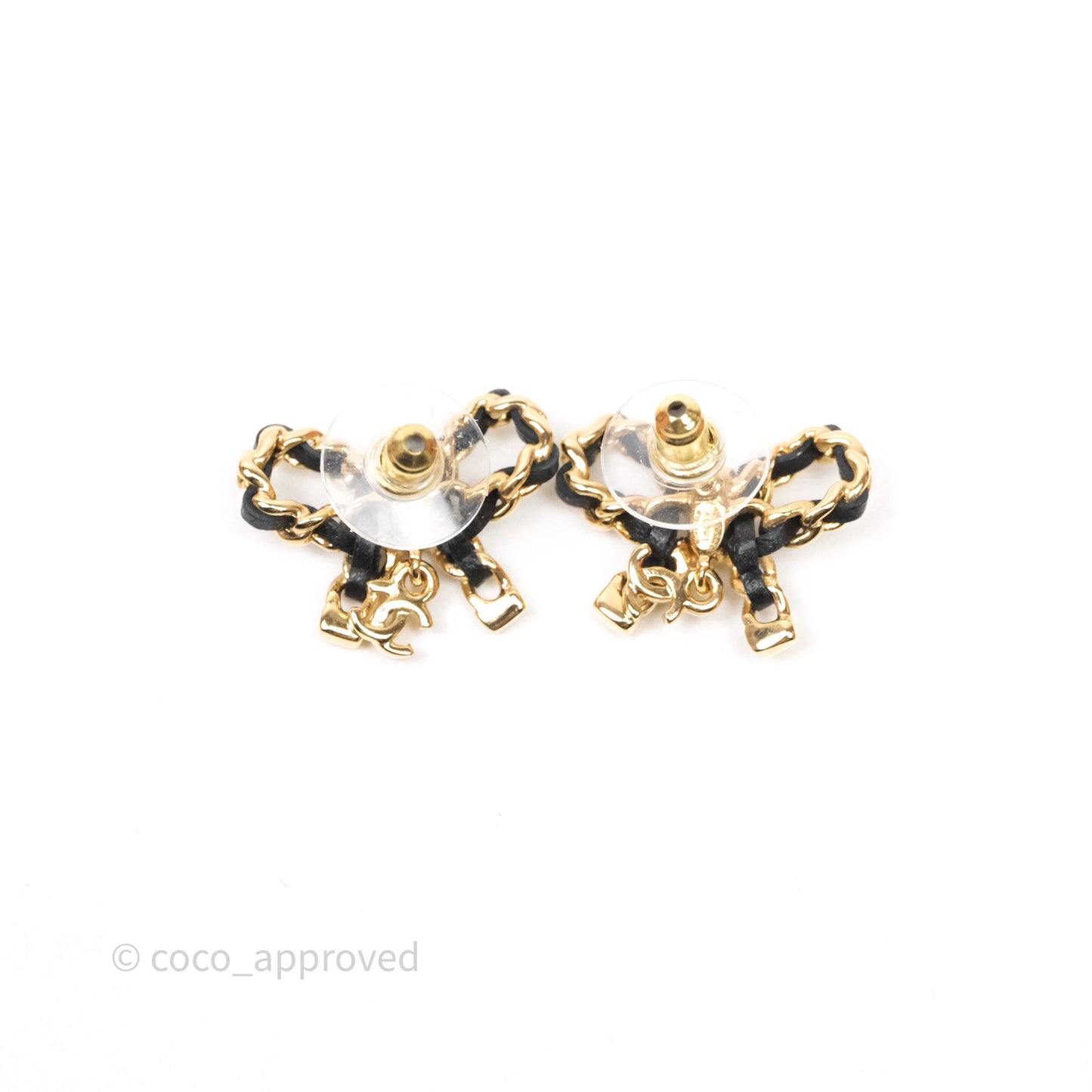 Chanel Woven Ribbon Bow Black Earrings Gold Tone 25V