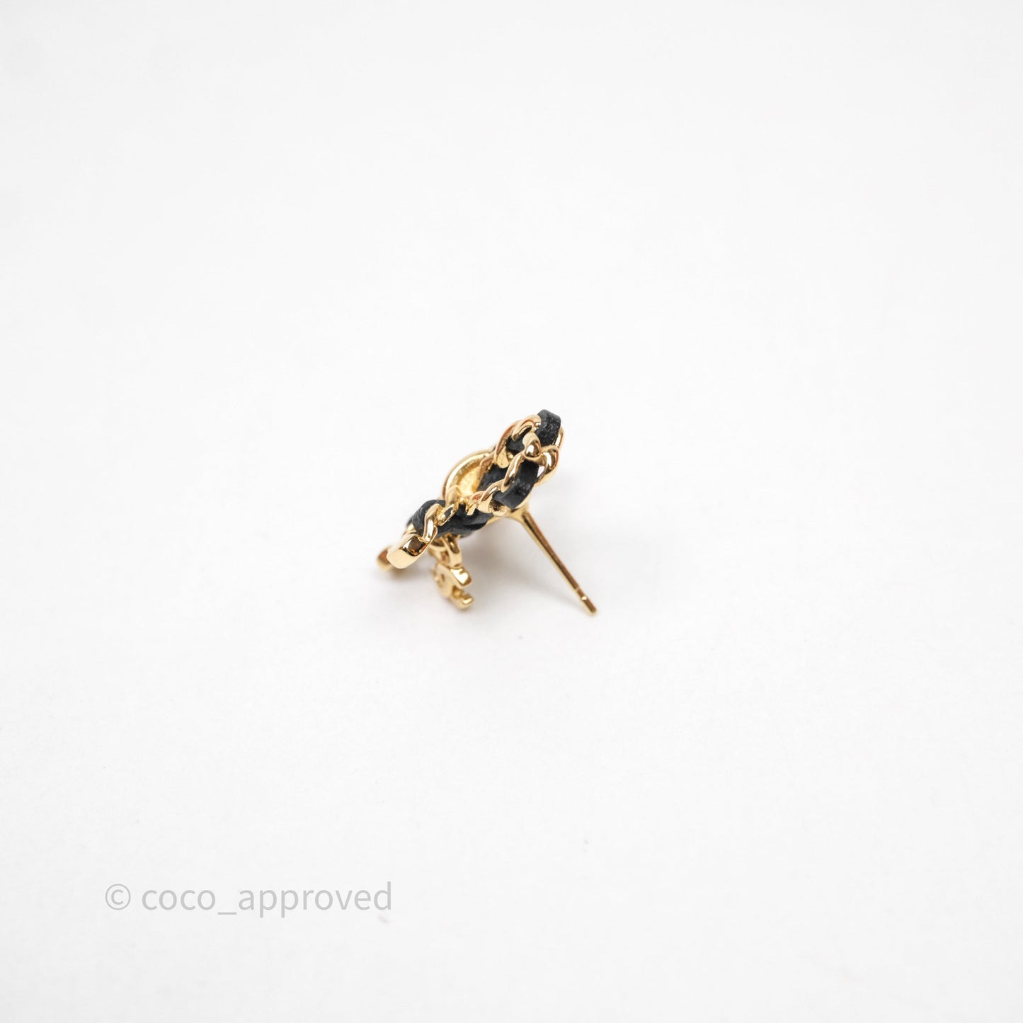Chanel Woven Ribbon Bow Black Earrings Gold Tone 25V