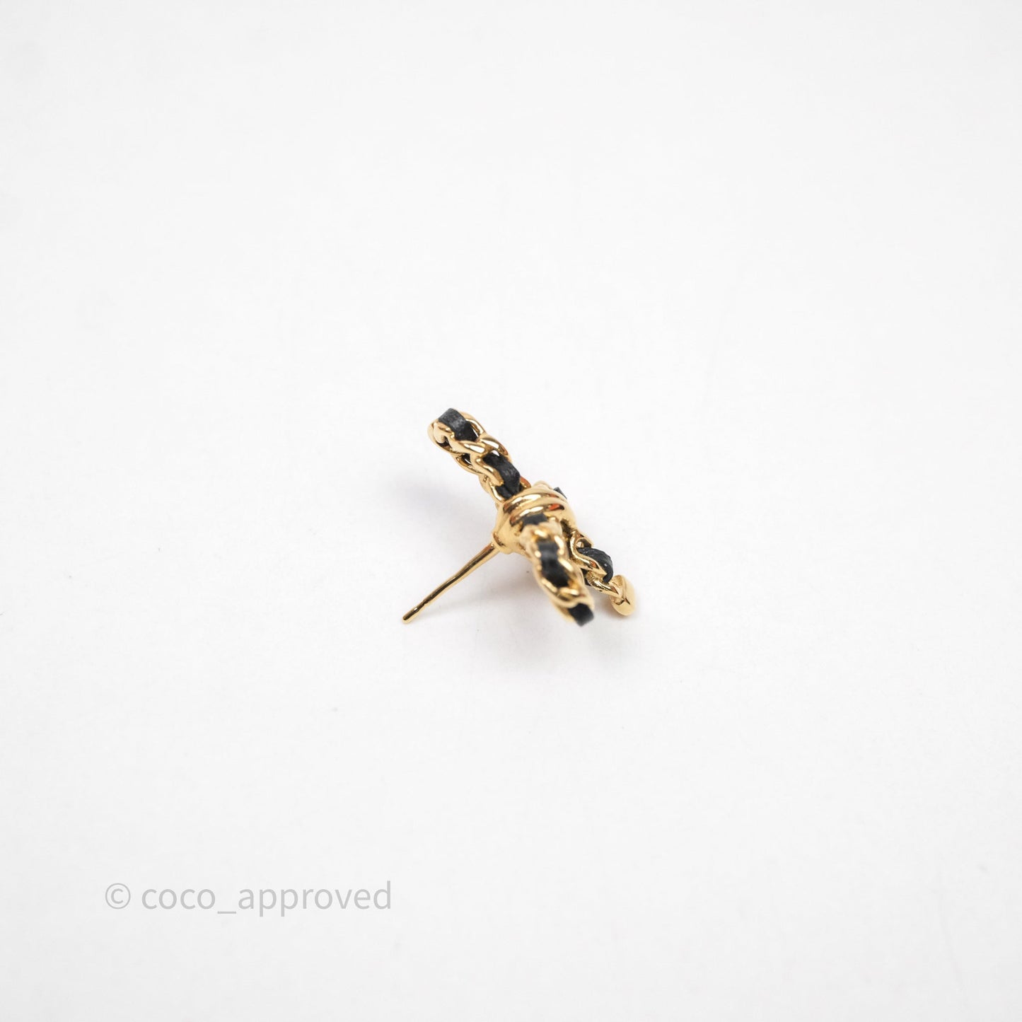 Chanel Woven Ribbon Bow Black Earrings Gold Tone 25V