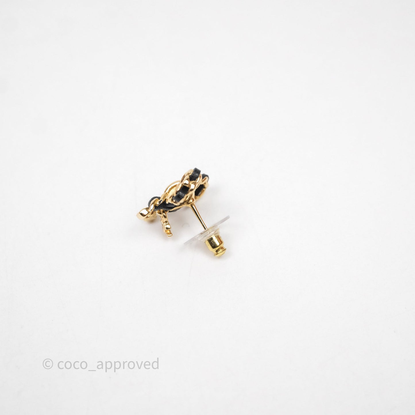 Chanel Woven Ribbon Bow Black Earrings Gold Tone 25V