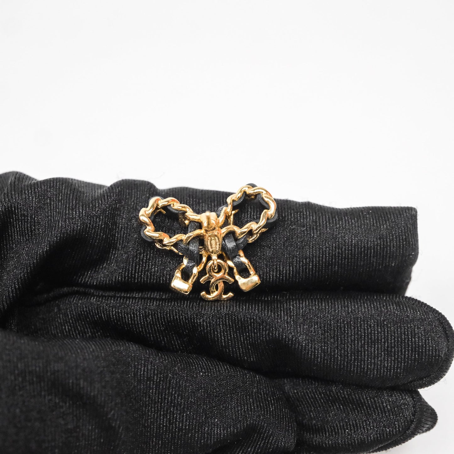 Chanel Woven Ribbon Bow Black Earrings Gold Tone 25V