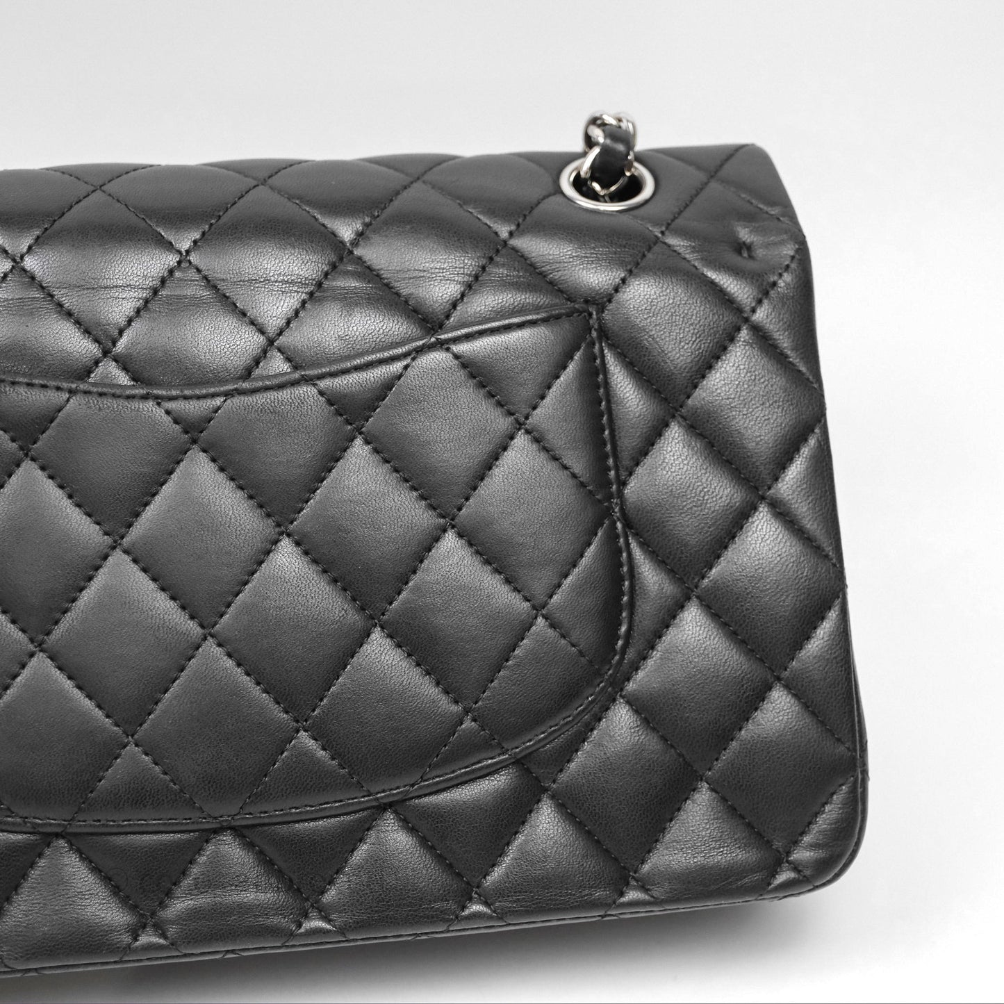 Chanel Classic M/L Medium Flap Quilted Black Lambskin Silver Hardware