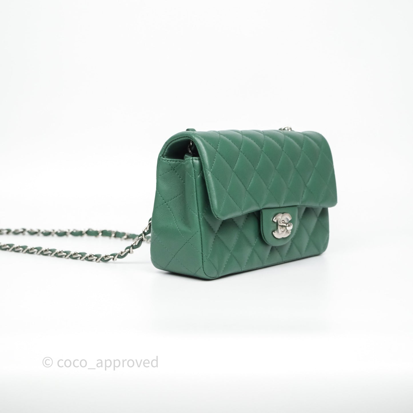 Chanel Quilted Mini Rectangular Green Lambskin Silver Hardware