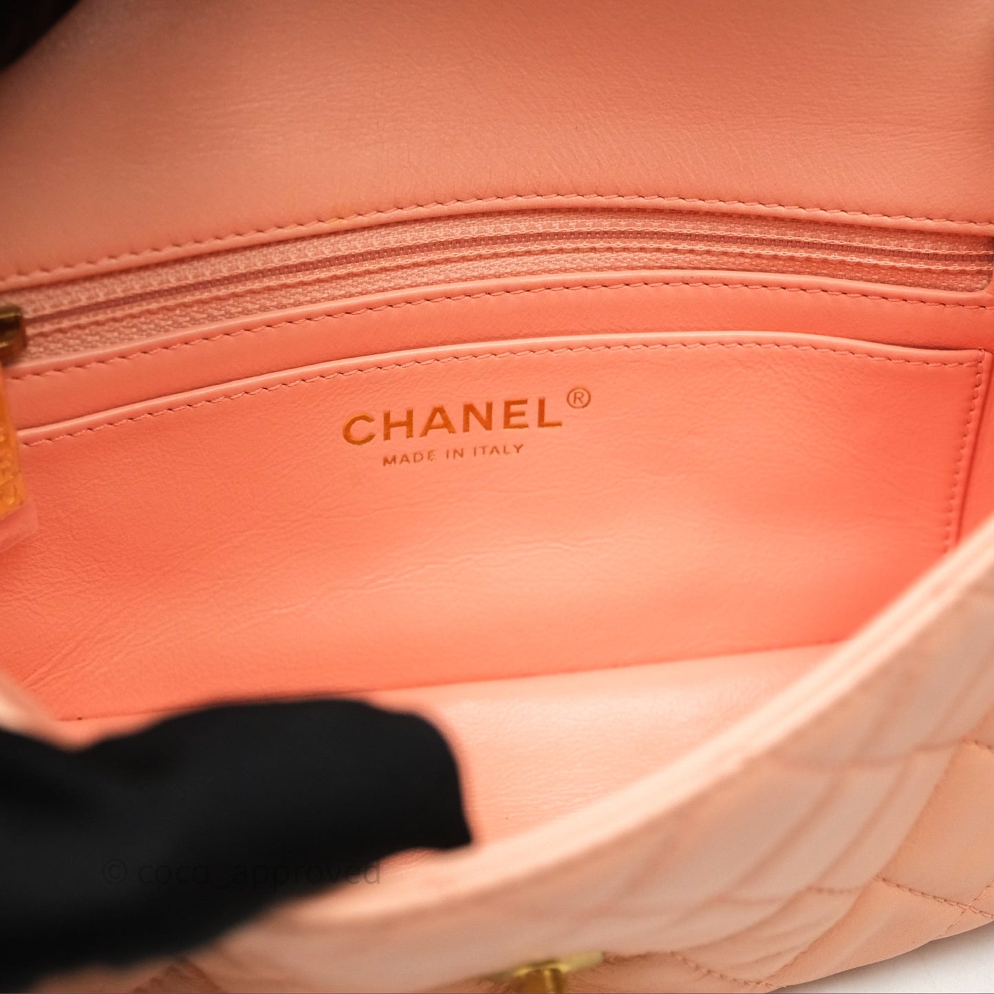 Chanel Mini Rectangular Pearl Crush Quilted Peach Lambskin Aged Gold Hardware