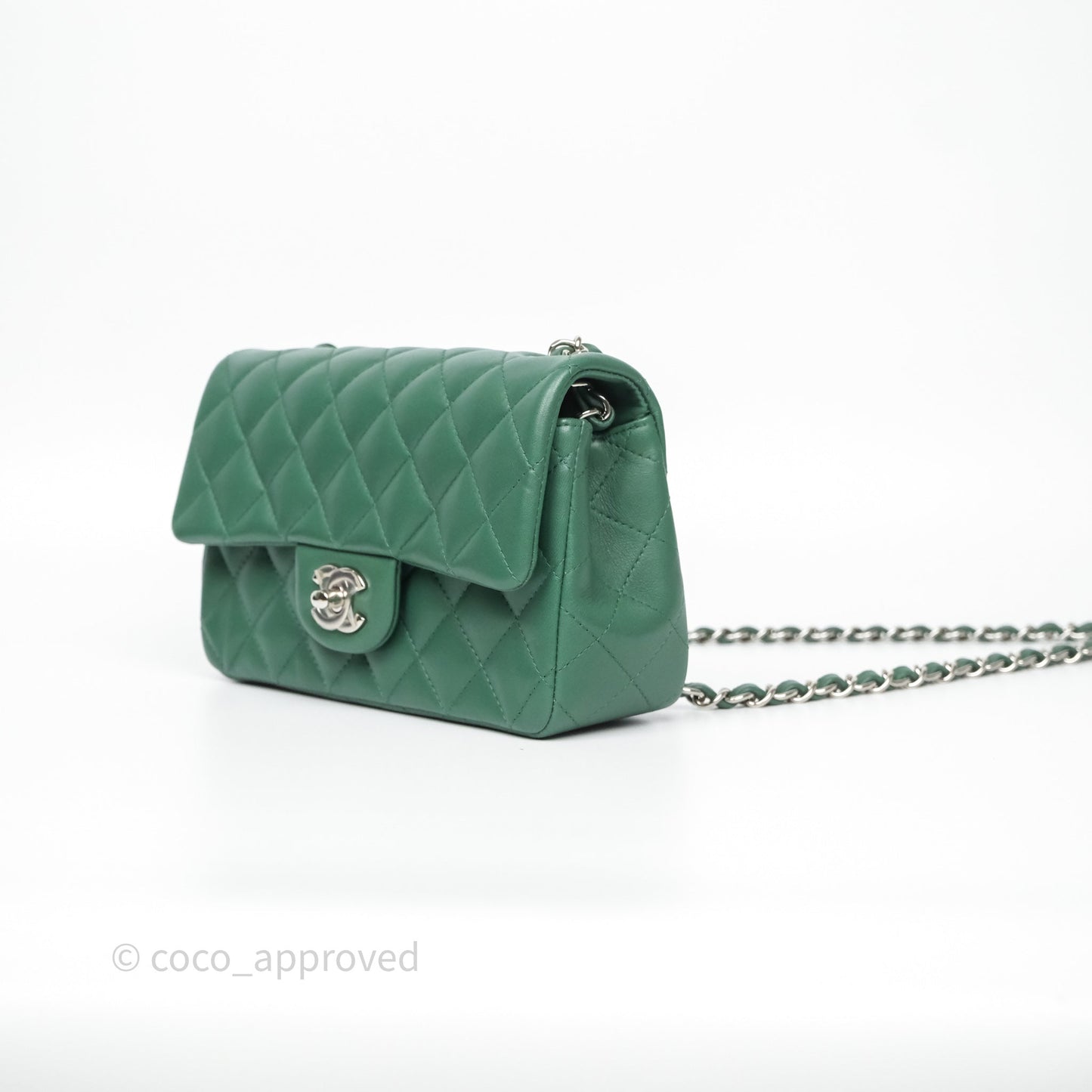 Chanel Quilted Mini Rectangular Green Lambskin Silver Hardware