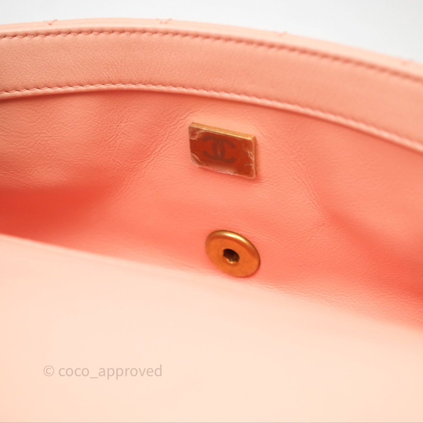 Chanel Mini Rectangular Pearl Crush Quilted Peach Lambskin Aged Gold Hardware