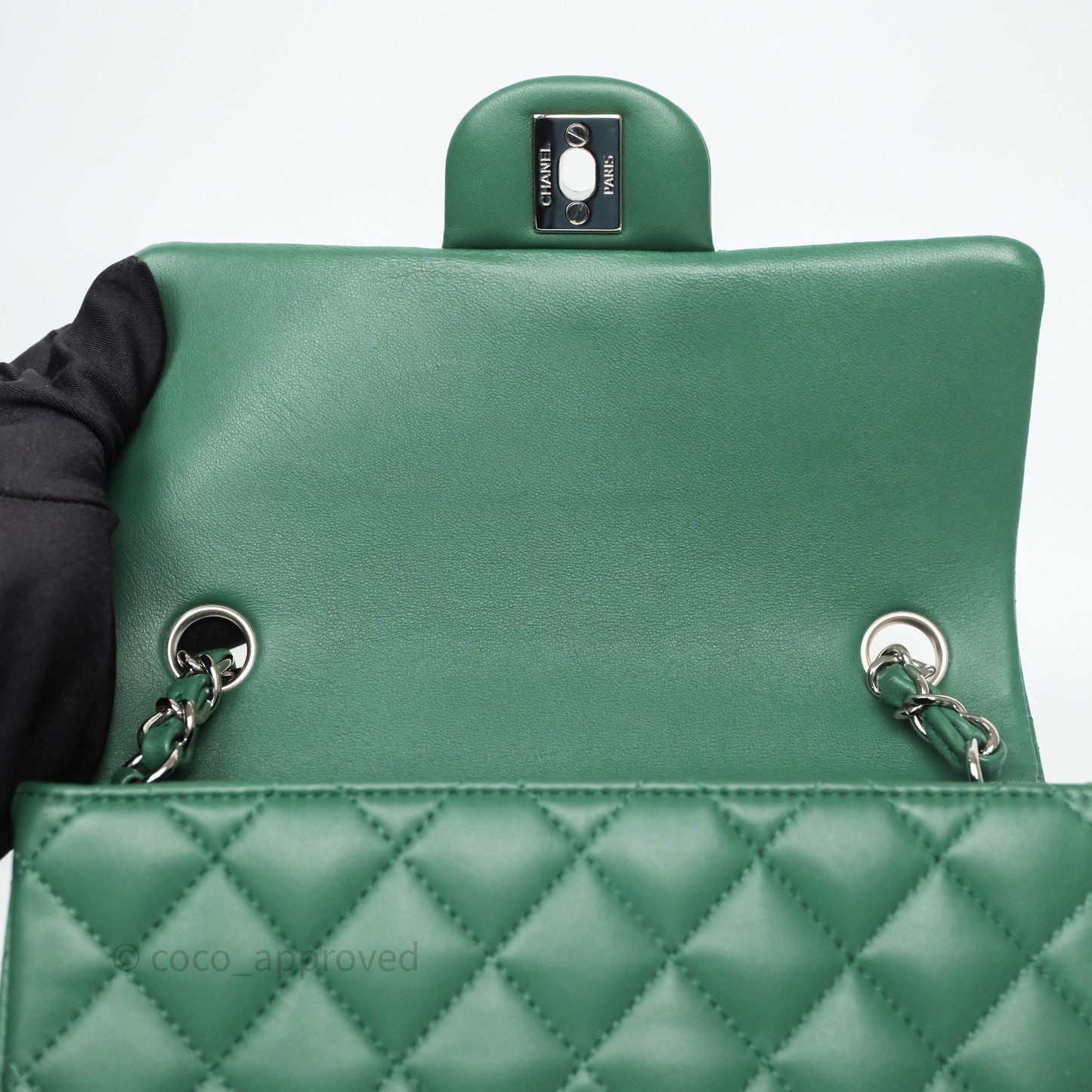 Chanel Quilted Mini Rectangular Green Lambskin Silver Hardware