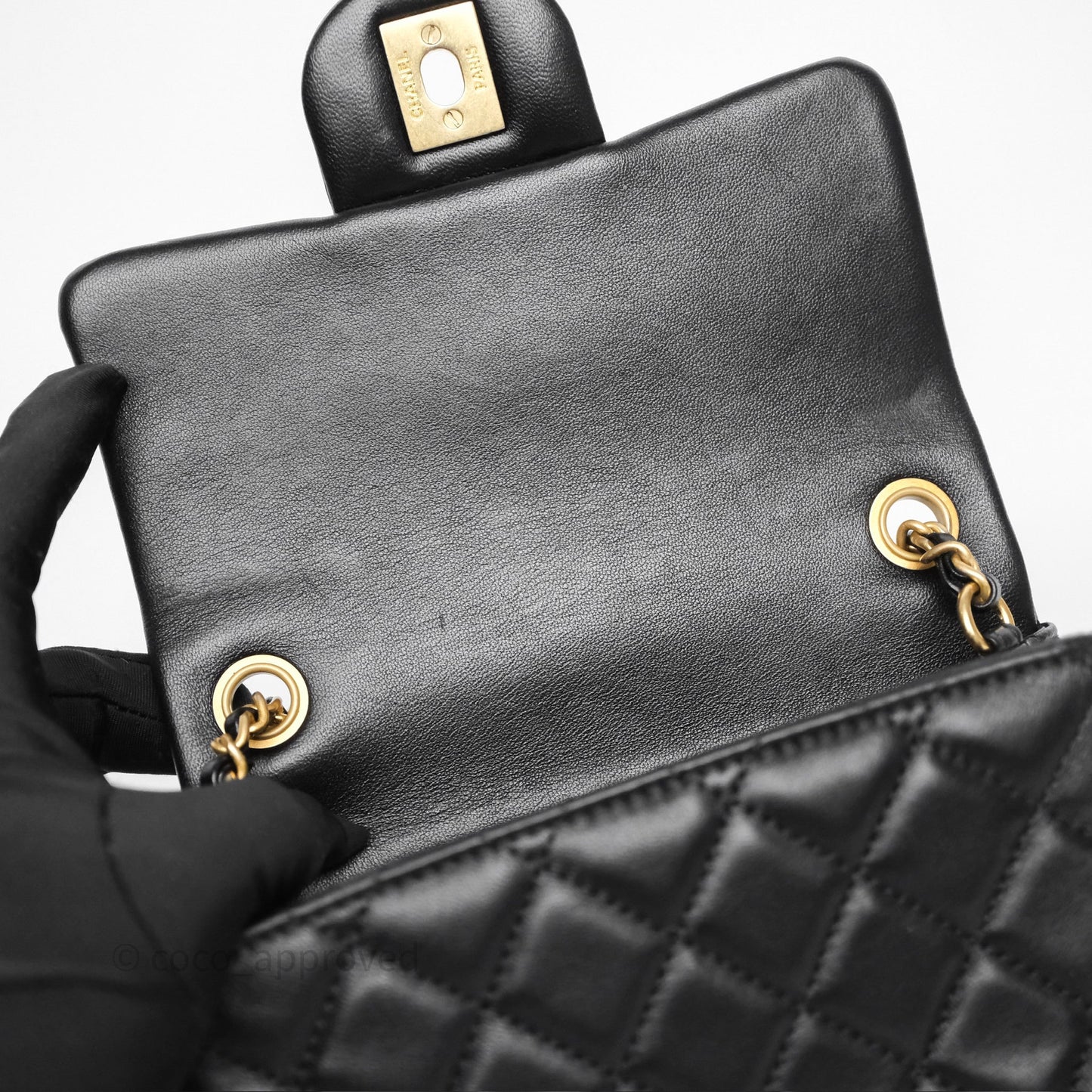 Chanel Pearl Crush Mini Square Quilted Black Lambskin Aged Gold Hardware