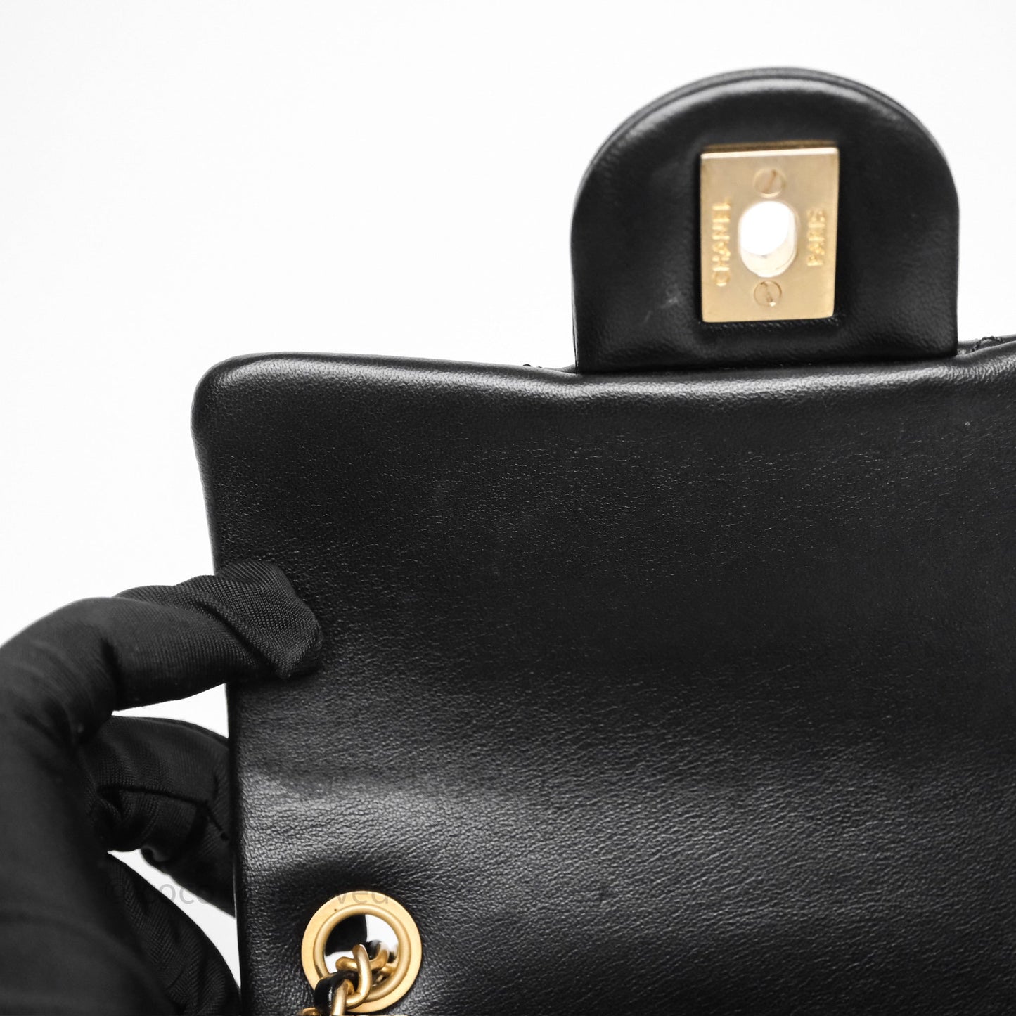 Chanel Pearl Crush Mini Square Quilted Black Lambskin Aged Gold Hardware