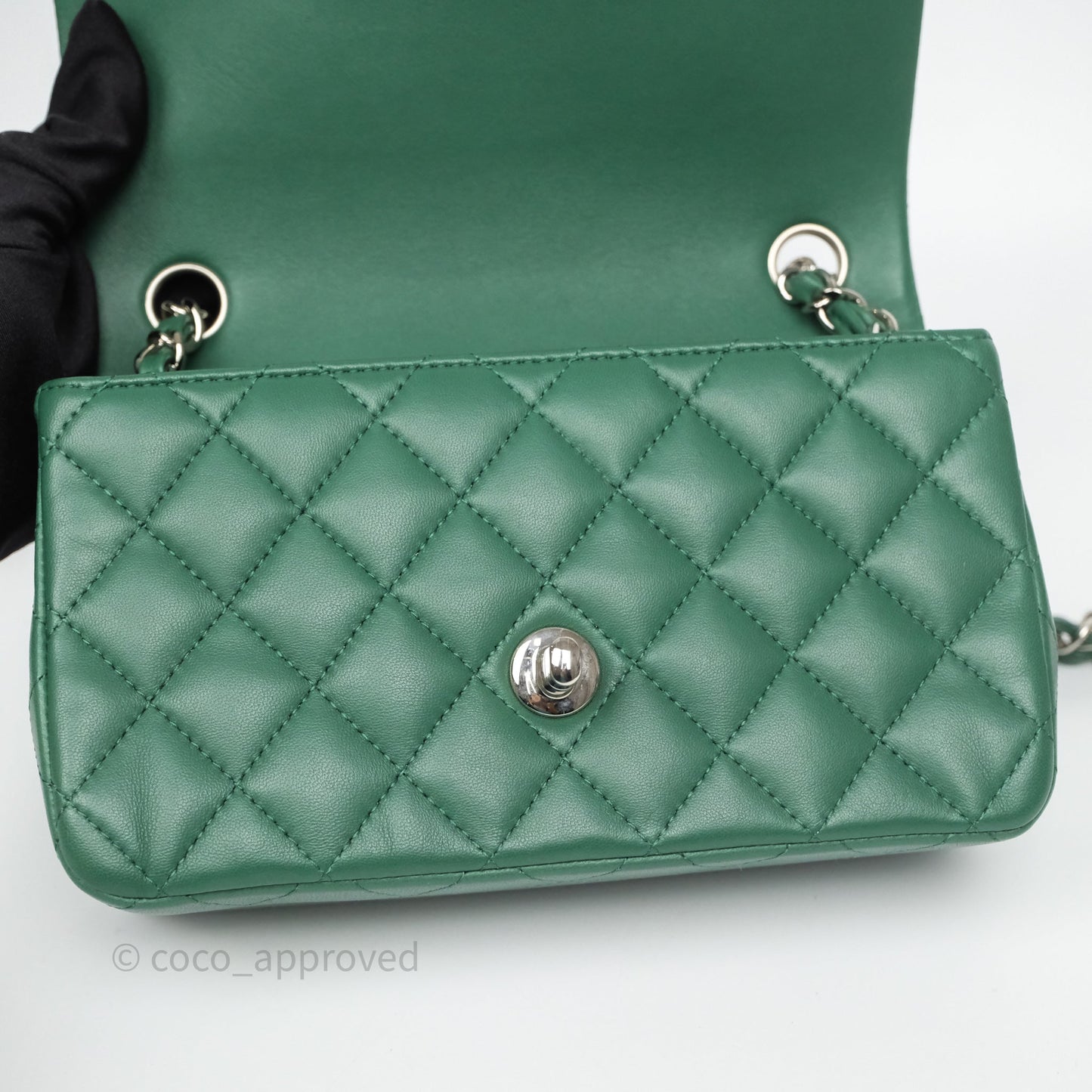 Chanel Quilted Mini Rectangular Green Lambskin Silver Hardware