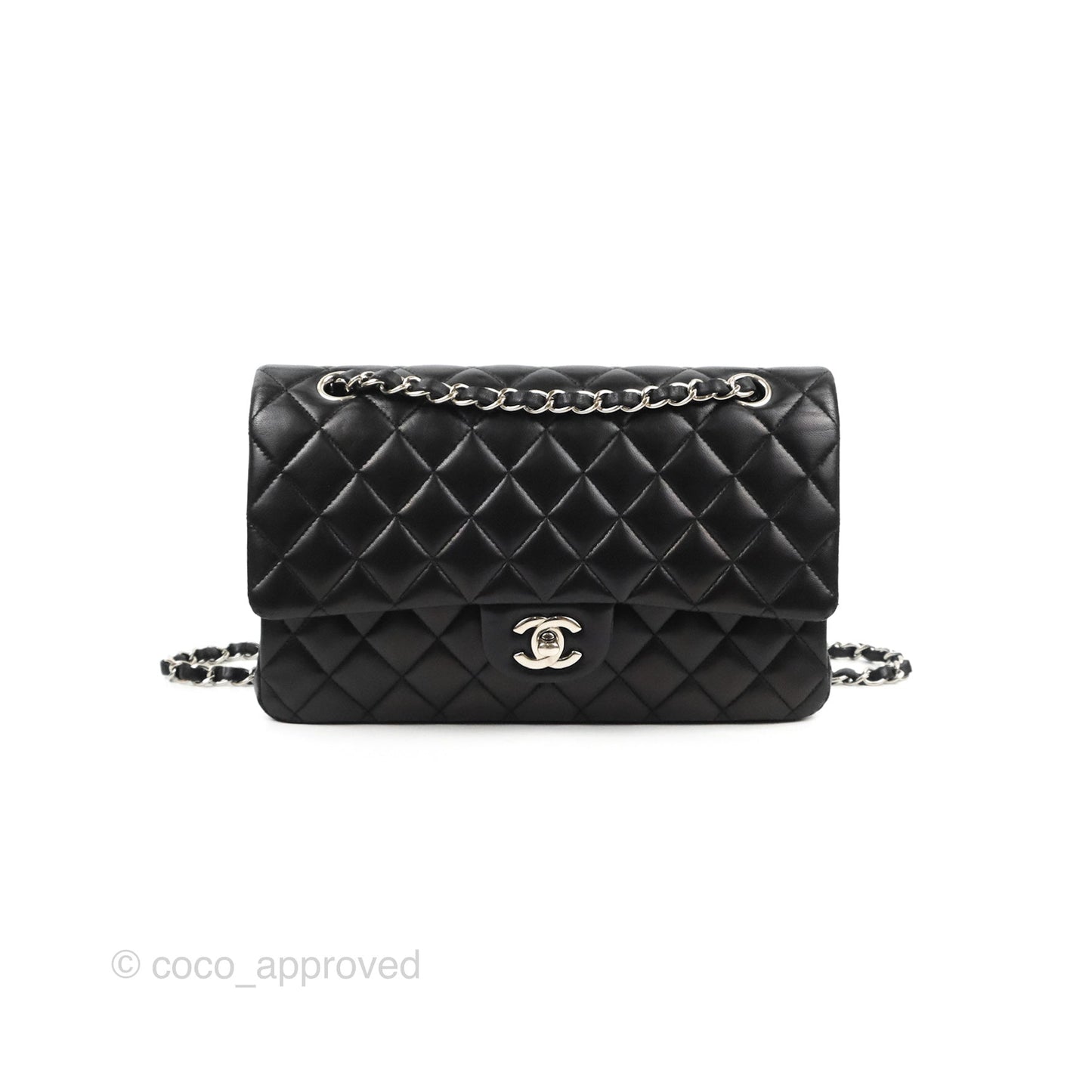 Chanel Classic M/L Medium Flap Quilted Black Lambskin Silver Hardware