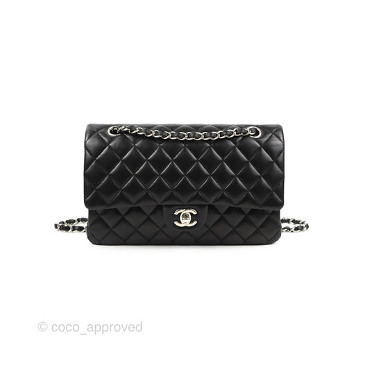 Chanel Classic M/L Medium Flap Quilted Black Lambskin Silver Hardware