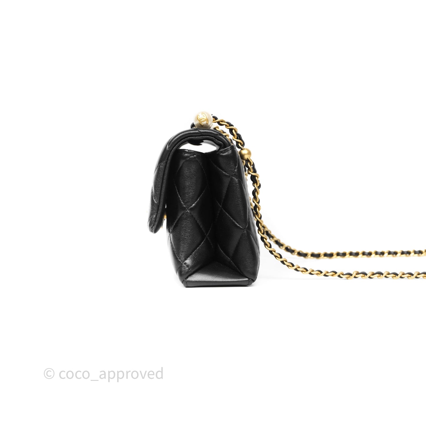 Chanel Mini Quilted Flap Bag with Pearl Top Handle Black Lambskin Aged Gold Hardware 24A