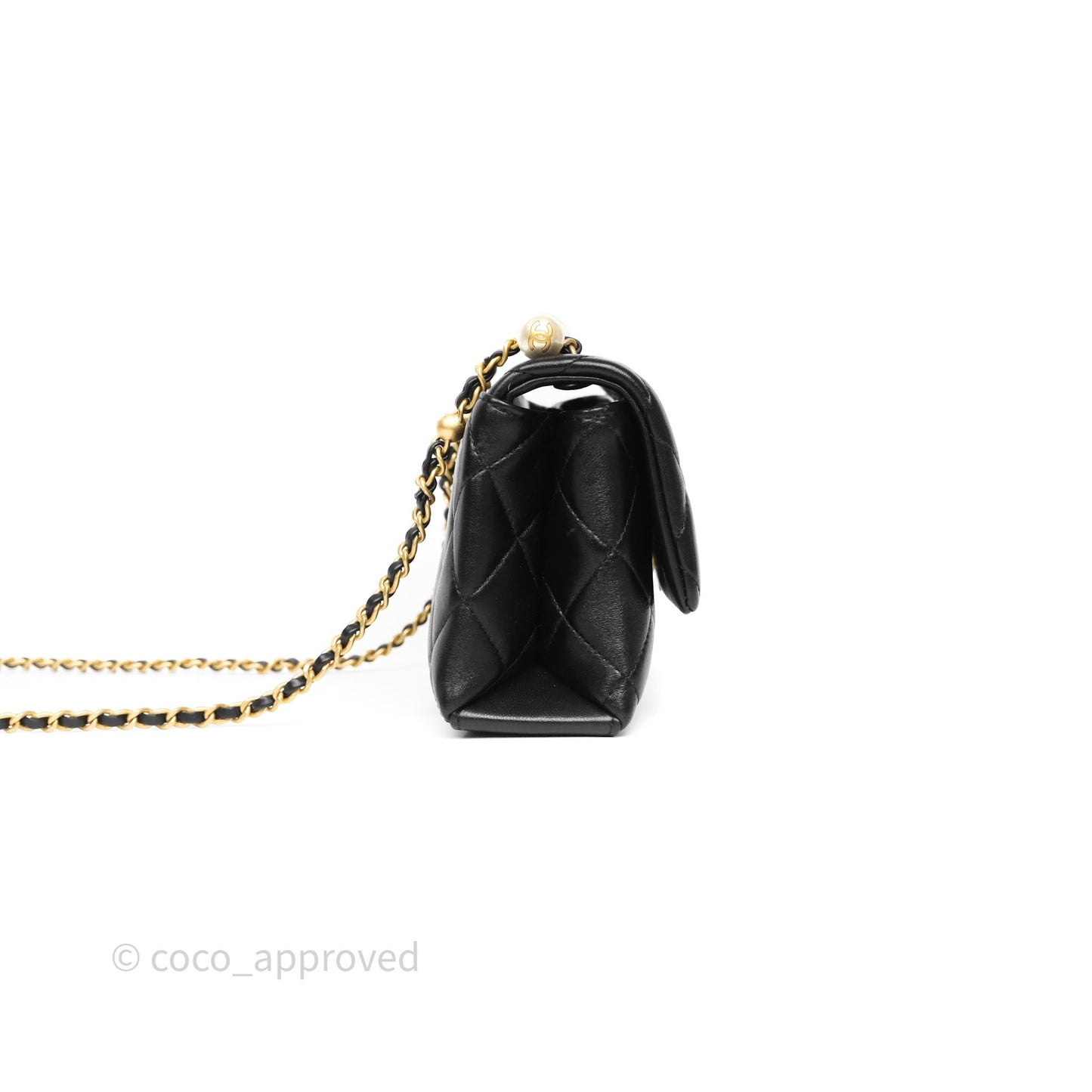 Chanel Mini Quilted Flap Bag with Pearl Top Handle Black Lambskin Aged Gold Hardware 24A