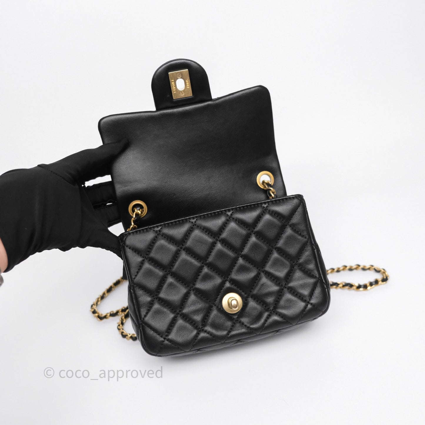 Chanel Pearl Crush Mini Square Quilted Black Lambskin Aged Gold Hardware