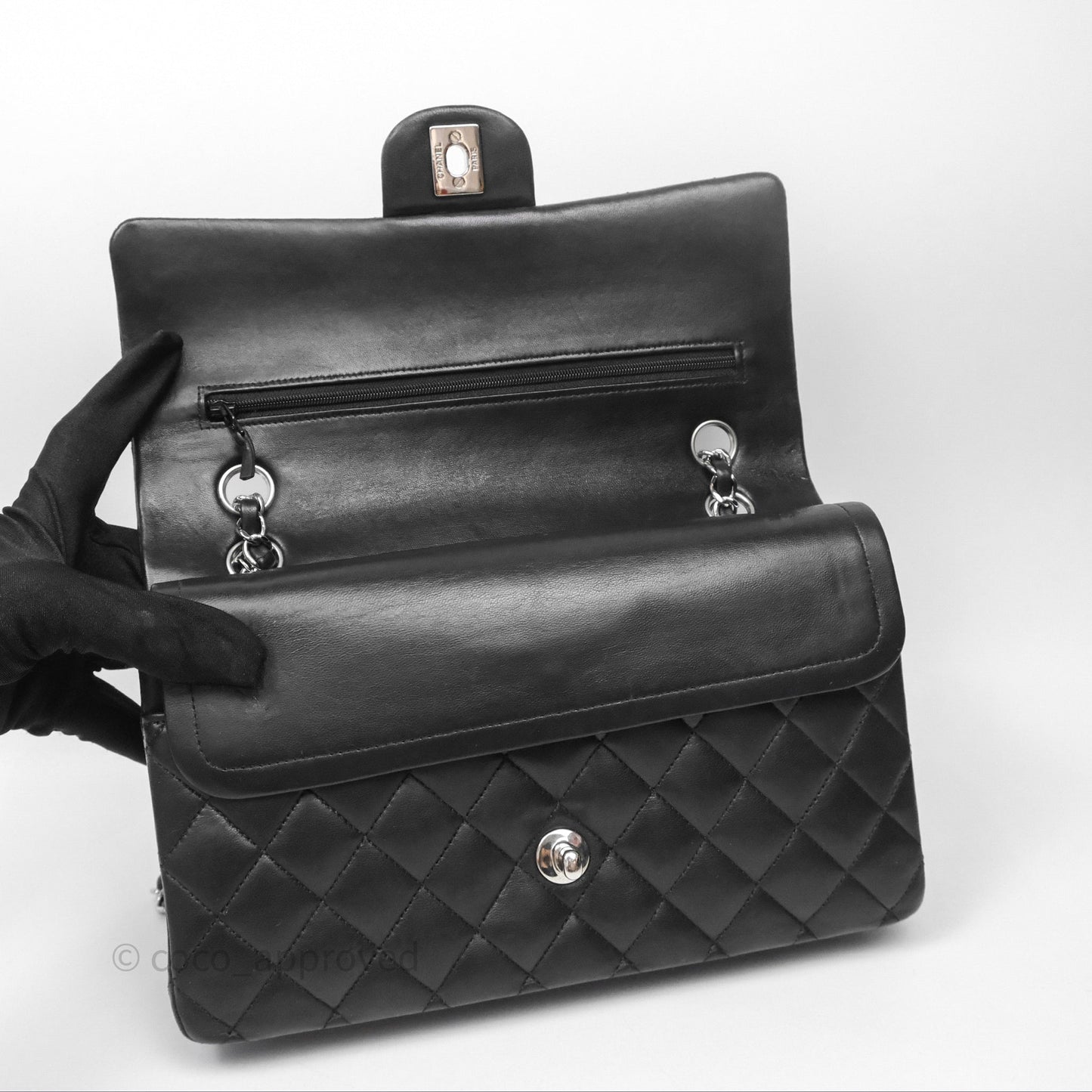 Chanel Classic M/L Medium Flap Quilted Black Lambskin Silver Hardware