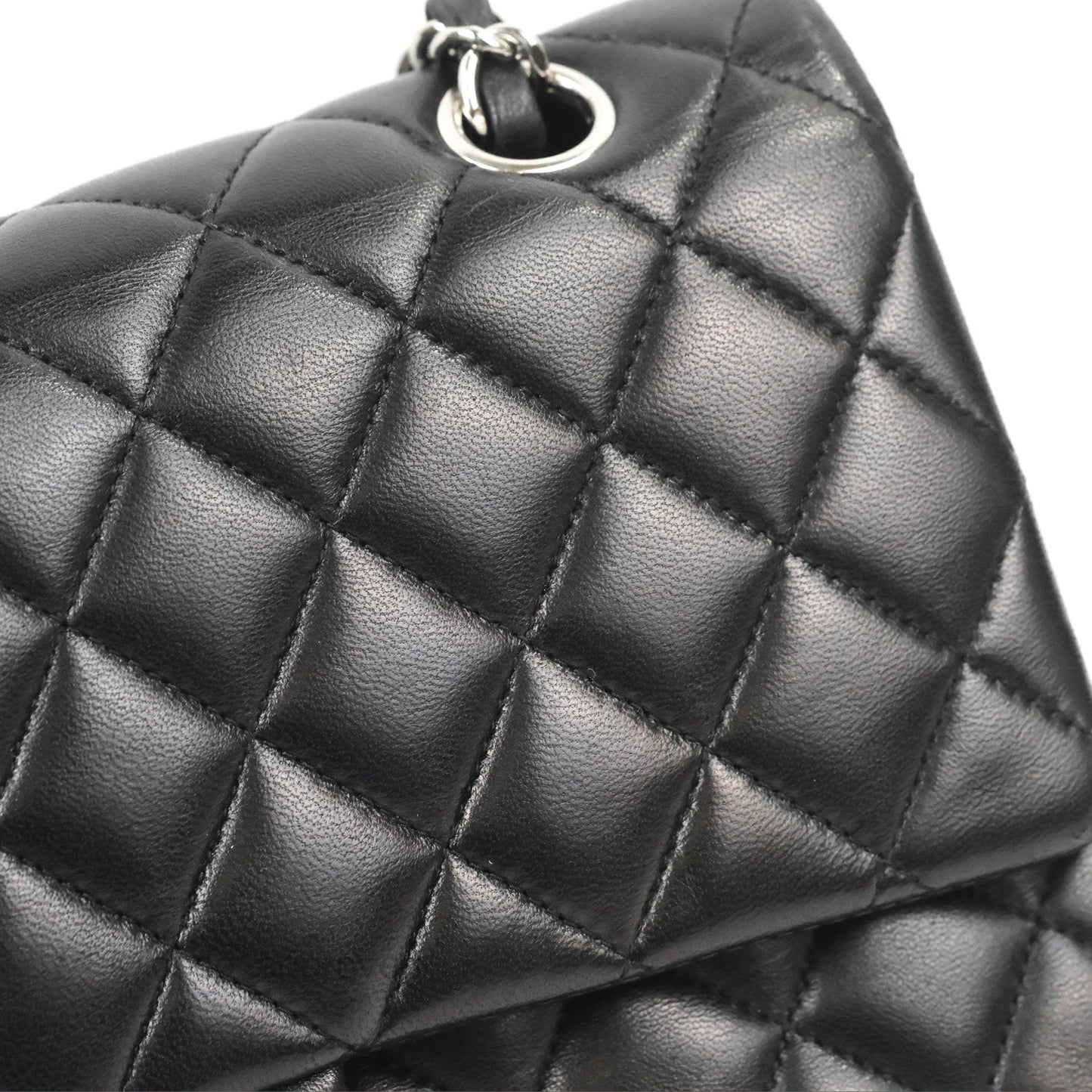 Chanel Classic M/L Medium Flap Quilted Black Lambskin Silver Hardware
