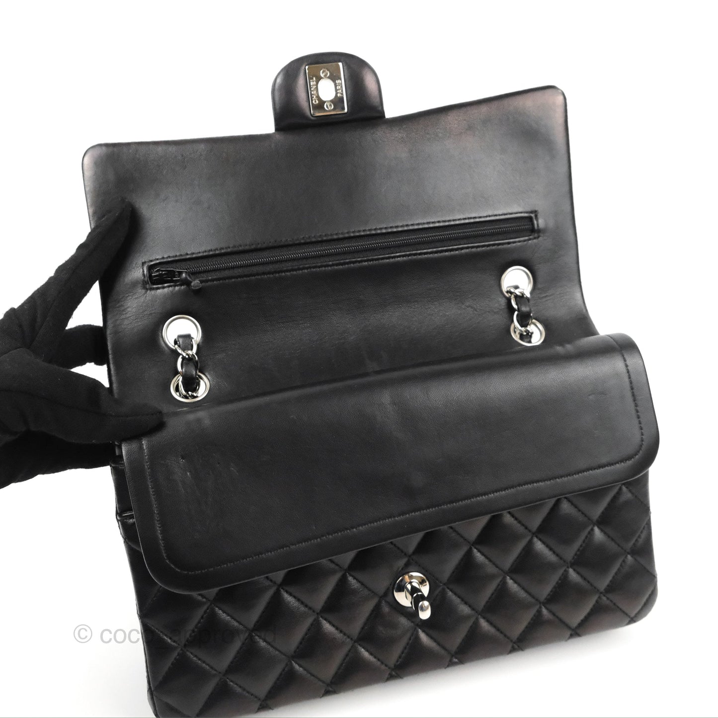 Chanel Classic M/L Medium Flap Quilted Black Lambskin Silver Hardware
