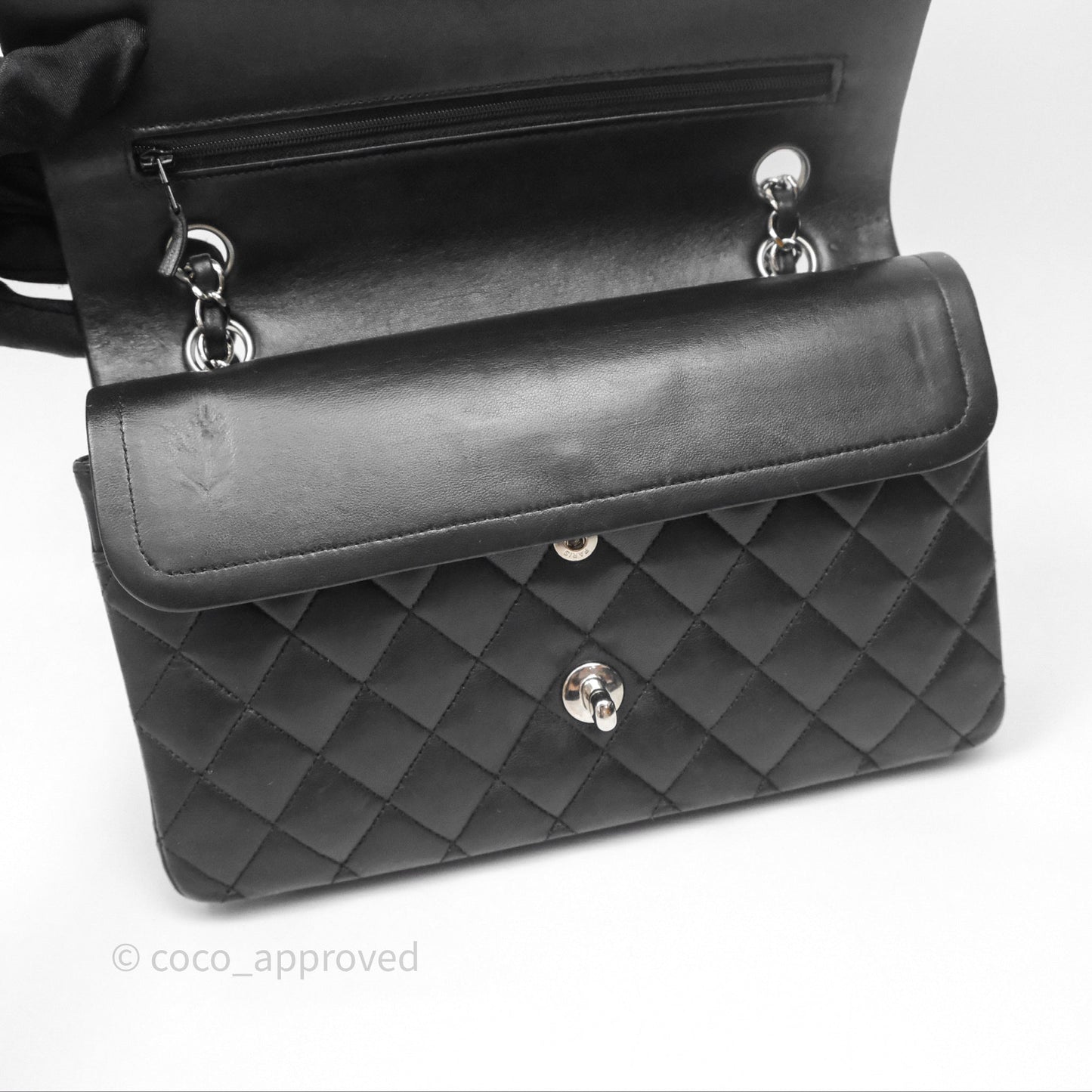 Chanel Classic M/L Medium Flap Quilted Black Lambskin Silver Hardware