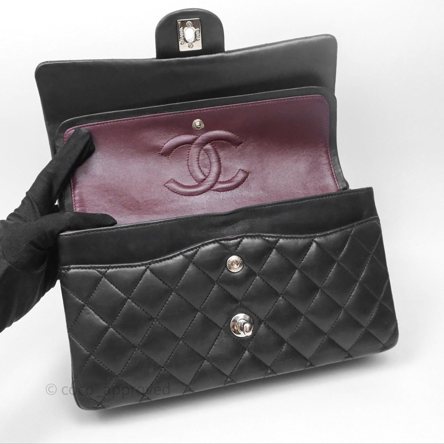 Chanel Classic M/L Medium Flap Quilted Black Lambskin Silver Hardware