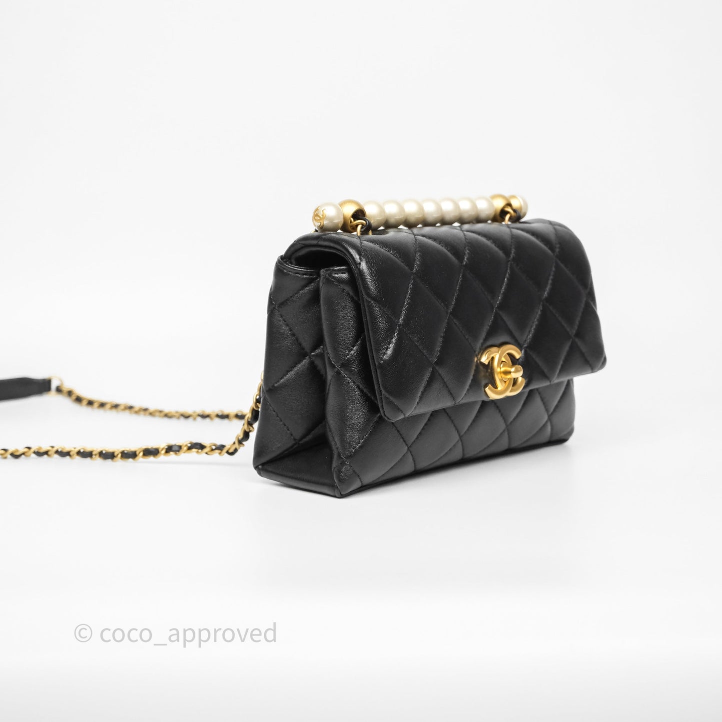 Chanel Mini Quilted Flap Bag with Pearl Top Handle Black Lambskin Aged Gold Hardware 24A