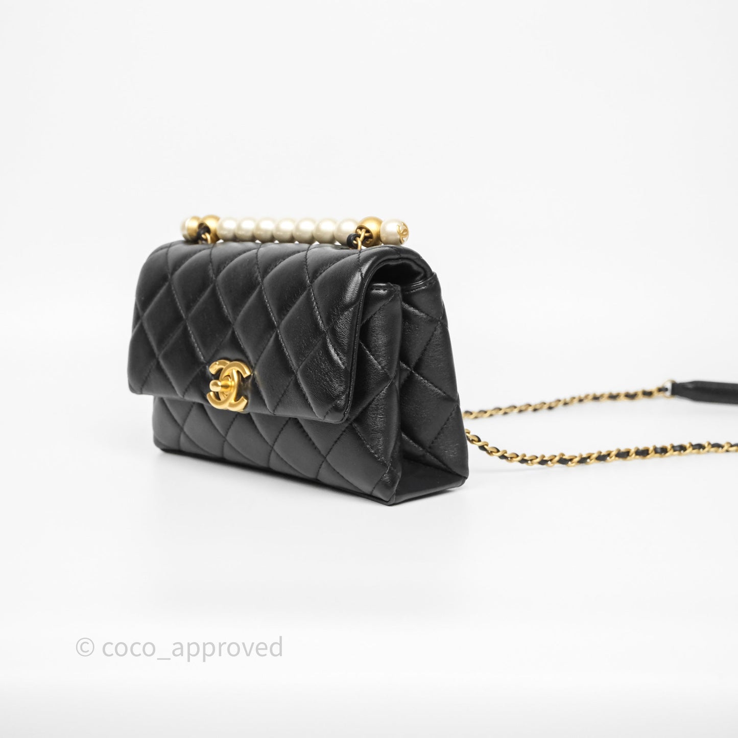 Chanel Mini Quilted Flap Bag with Pearl Top Handle Black Lambskin Aged Gold Hardware 24A