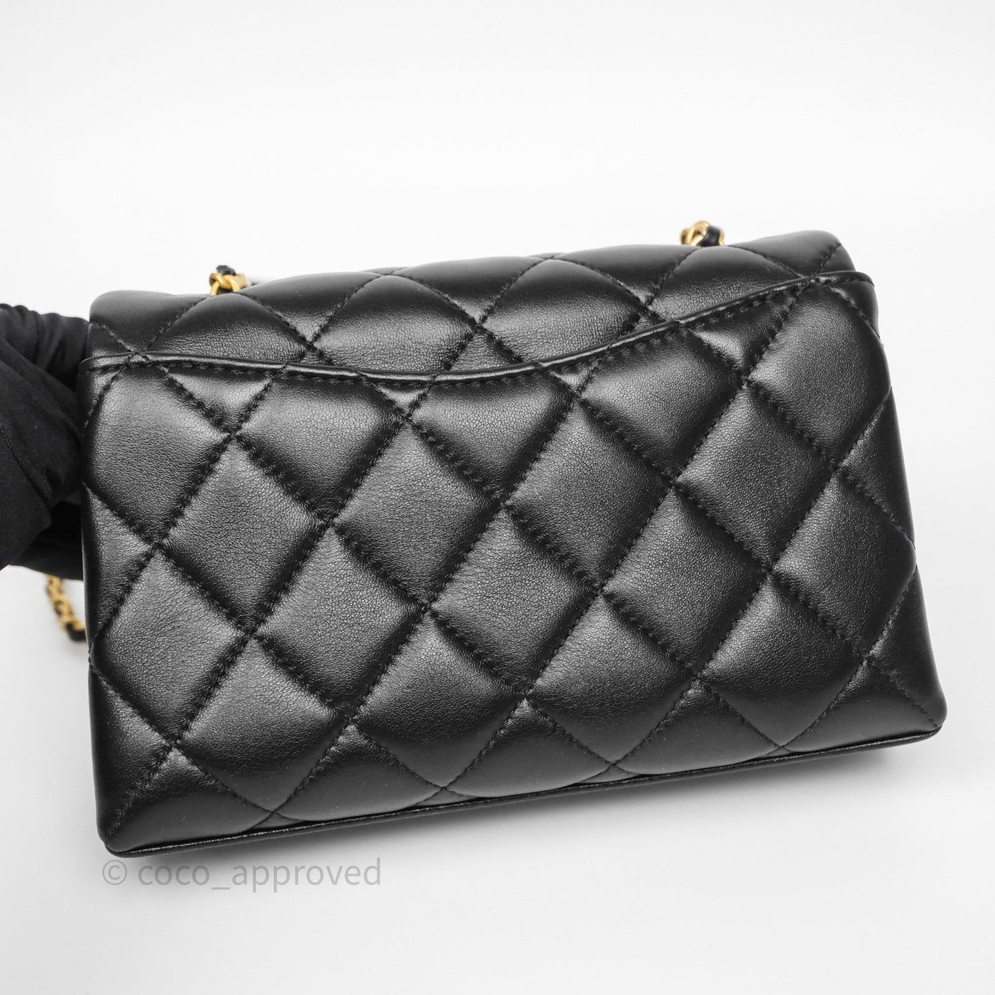 Chanel Mini Quilted Flap Bag with Pearl Top Handle Black Lambskin Aged Gold Hardware 24A